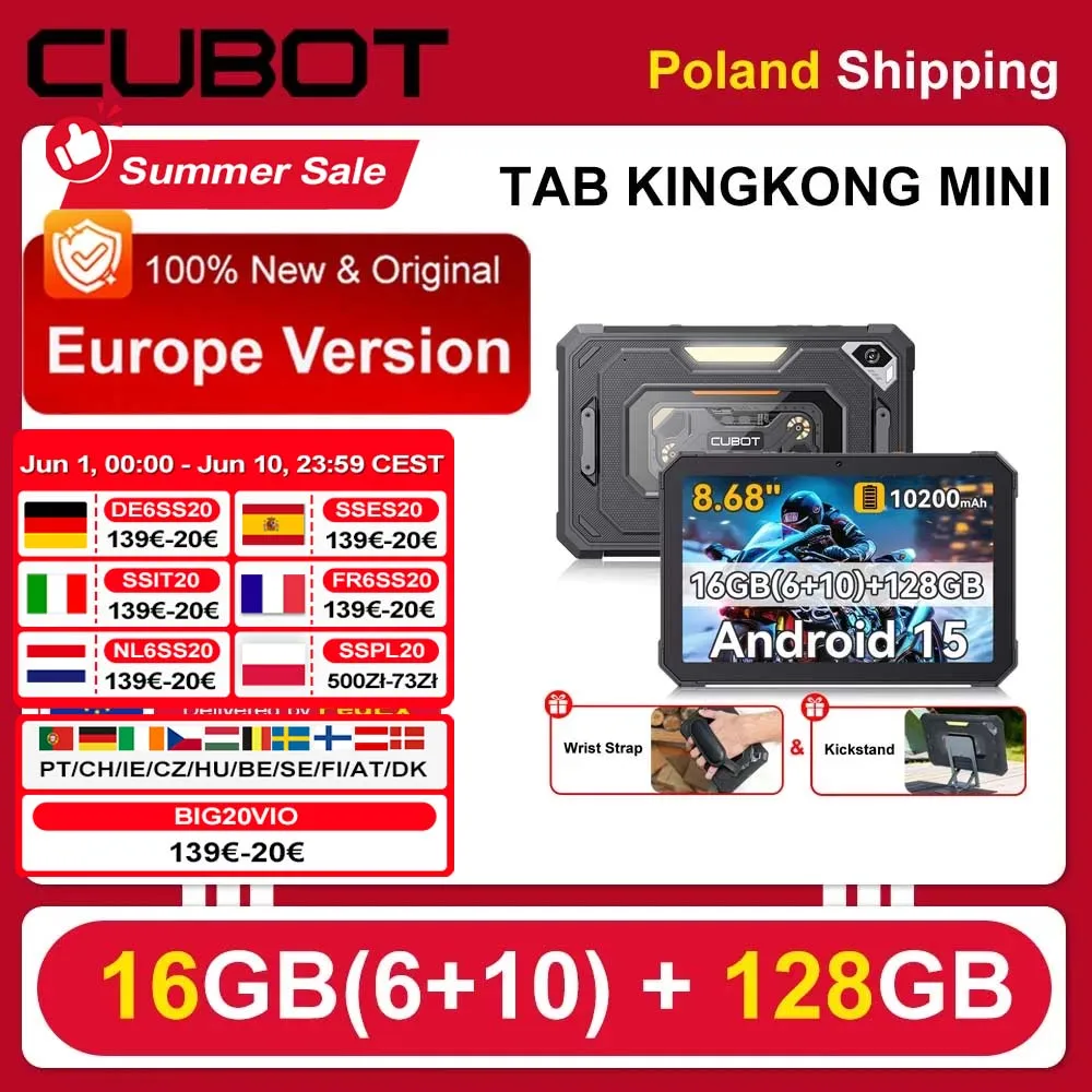 [Shipping From Poland] Cubot Tab KingKong Mini 16GB(6+10) 128GB 10200mAh Android 15 Rugged Tablet 8.68'' 90Hz Camping Light 48MP