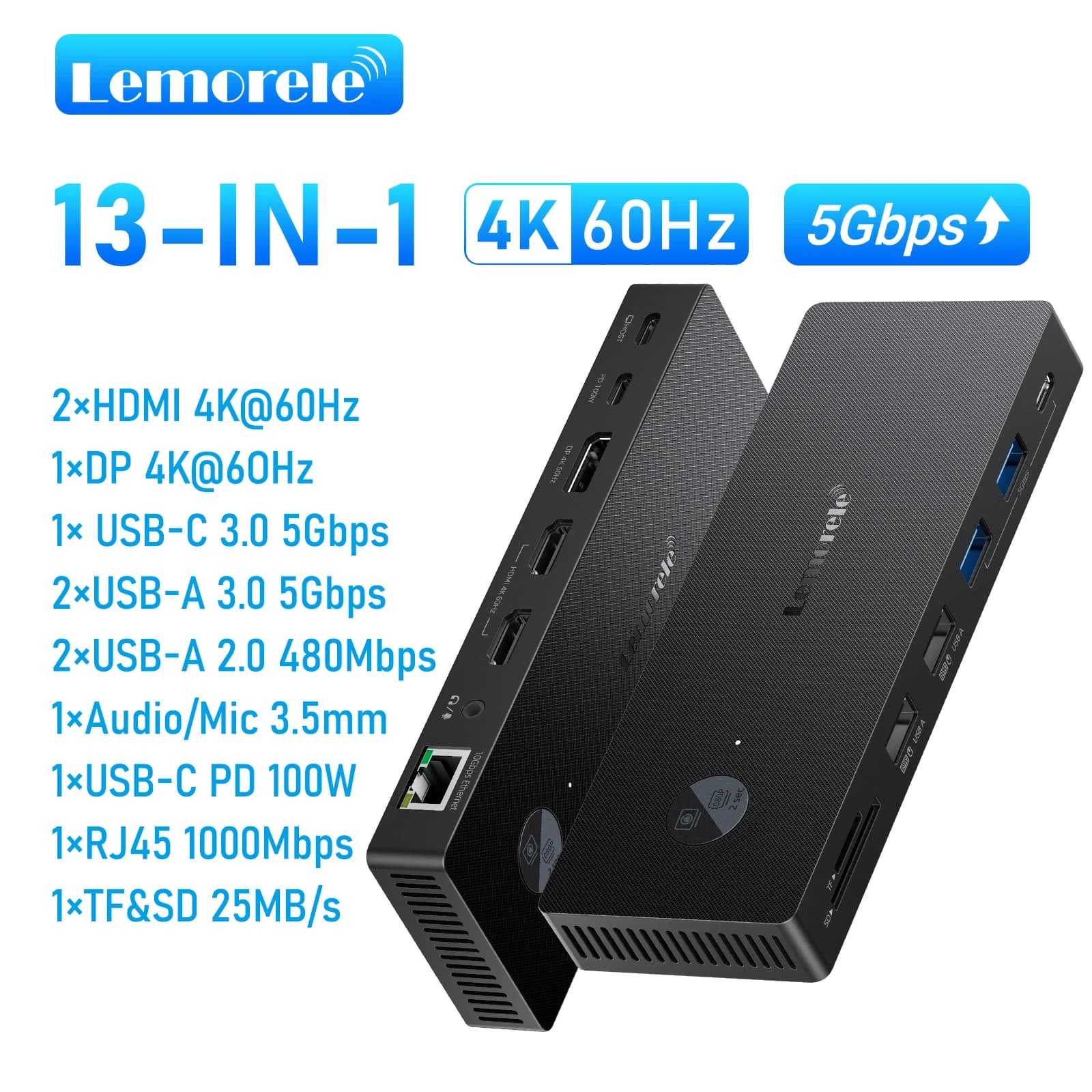 Lemorele 13 IN 1 USB HUB HDMI DP 4K 60Hz Adapter RJ45 Splitter Type C HUB 3.0 PD 100W Charger Docking Station for Macbook Laptop