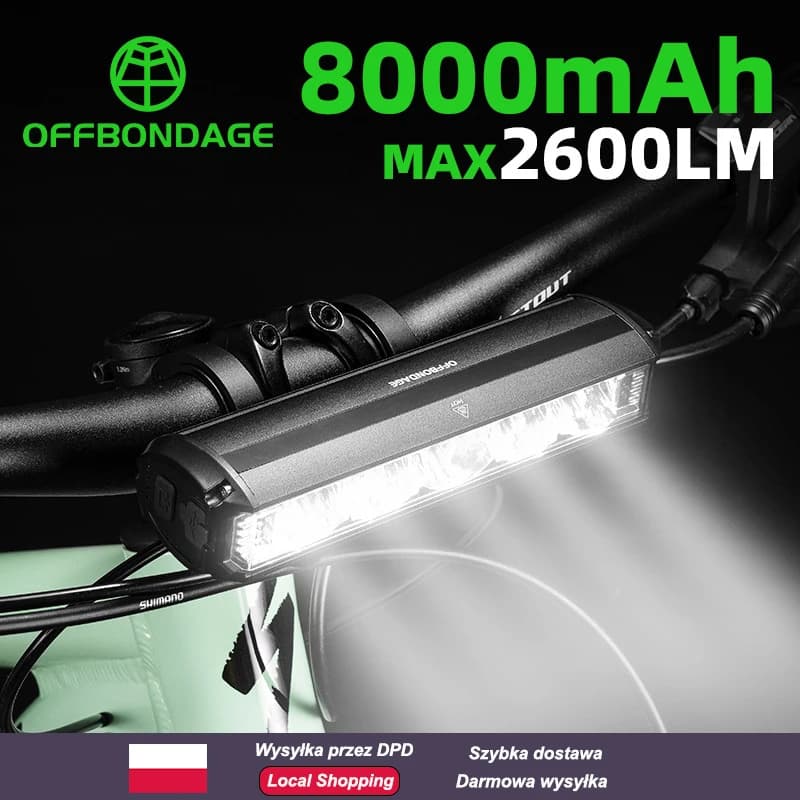 OFFBONDAGE 2600 Lumens Bicycle Front Light Type-C Rechargeable Bike Headlight 8000mAh 5 Modes IPX5 Waterproof Aluminum Alloy Ultra Bright Handlebar Lamp for MTB Road Bike Flashlight Cycling Accessories