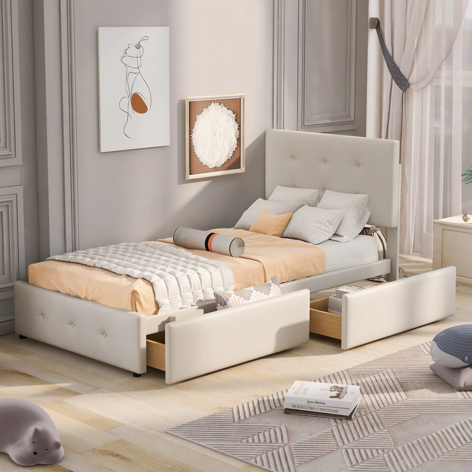 Rosahqnda Upholstered Single Bed 90x200cm, 2 Side Storage Drawers, Children's Bed with Slatted Base and 2 Drawers, Single Bed, Guest Bed