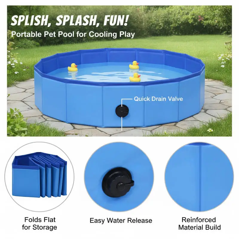 80×20cm Blue Foldable PVC Dog Pool, Non-Slip Portable Pet Cooling Bath Tub for Indoor & Outdoor Summer Use
