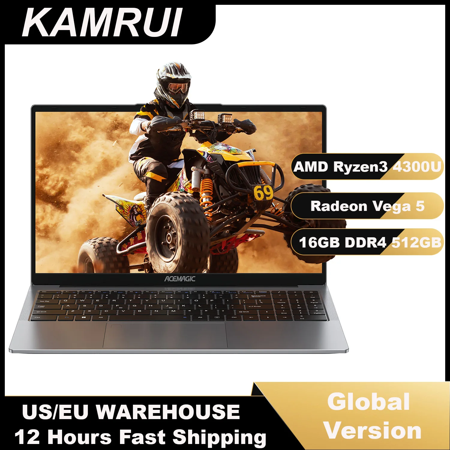 KAMRUI 15.6Inch FHD IPS AMD Ryzen 3 4300U up to 3.7GHz 16GB DDR4 512GB NVMe SSD Win11Pro 54.72Wh Battery WiFi 5 Numeric Keyboard