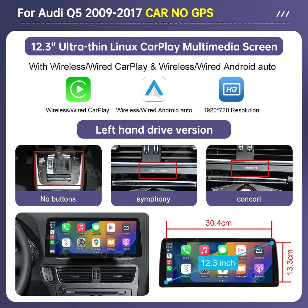 8.8/12.3" Linux Car Radio Multimedia Screen For Audi Q5 2009-2017 with Wireless CarPlay Android Auto Airplay Miracast Function