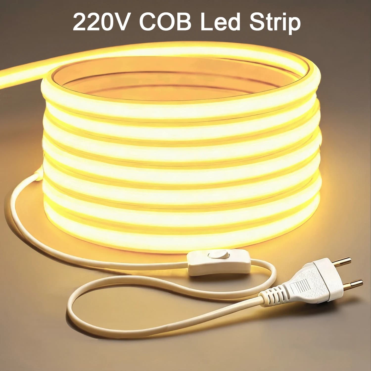 220V COB Led Strip High Brightness Led Strip with ON-OFF Switch COB Led Tape Ribbon for Home Kitchen Under Cabinet Lighting