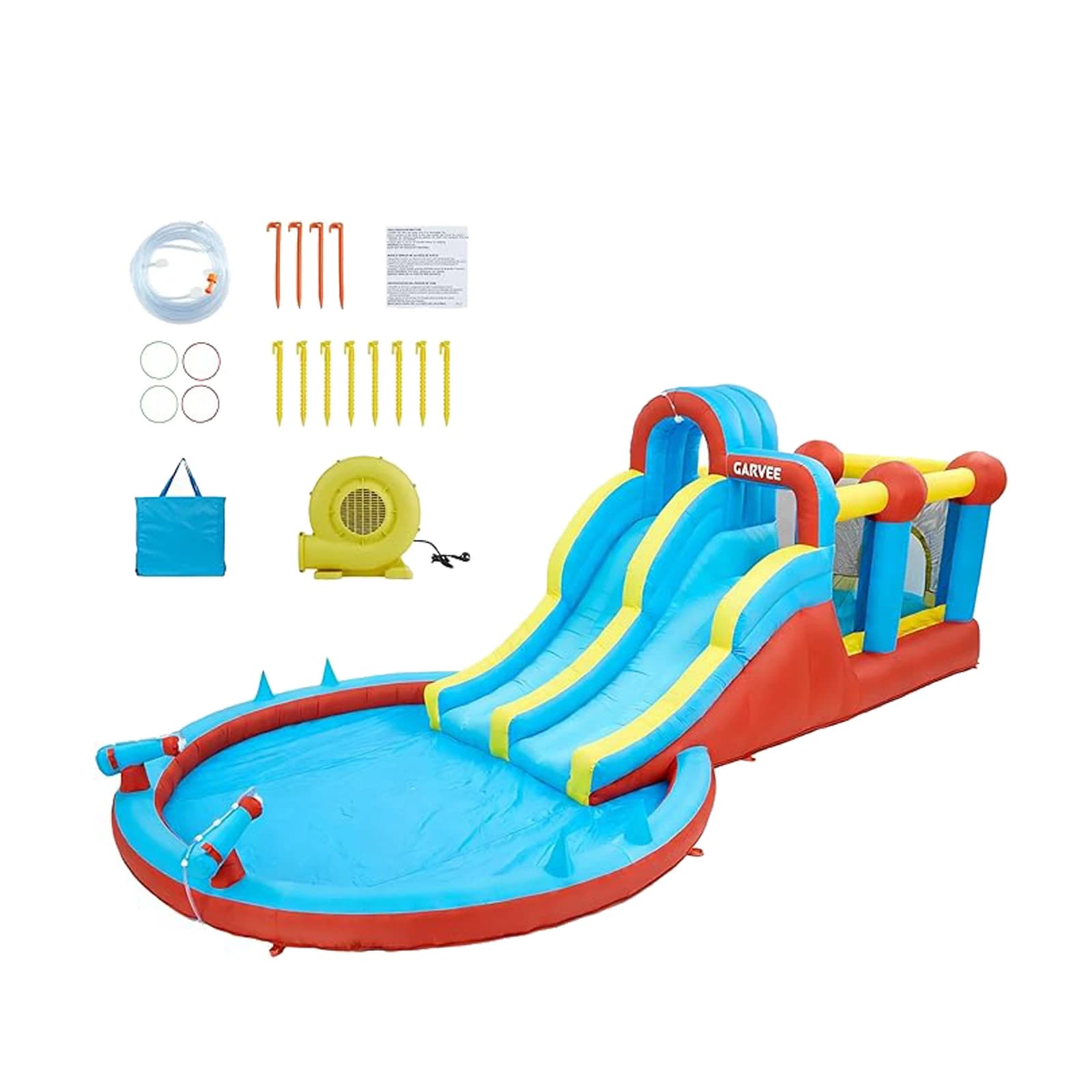 All-Season 8-in-1 Inflatable Water Park – Double Slides, Large Pool, Climbing Walls, 550W Blower Durable Oxford Material For Kids Indoor/Outdoor Bouncy Castle Playset