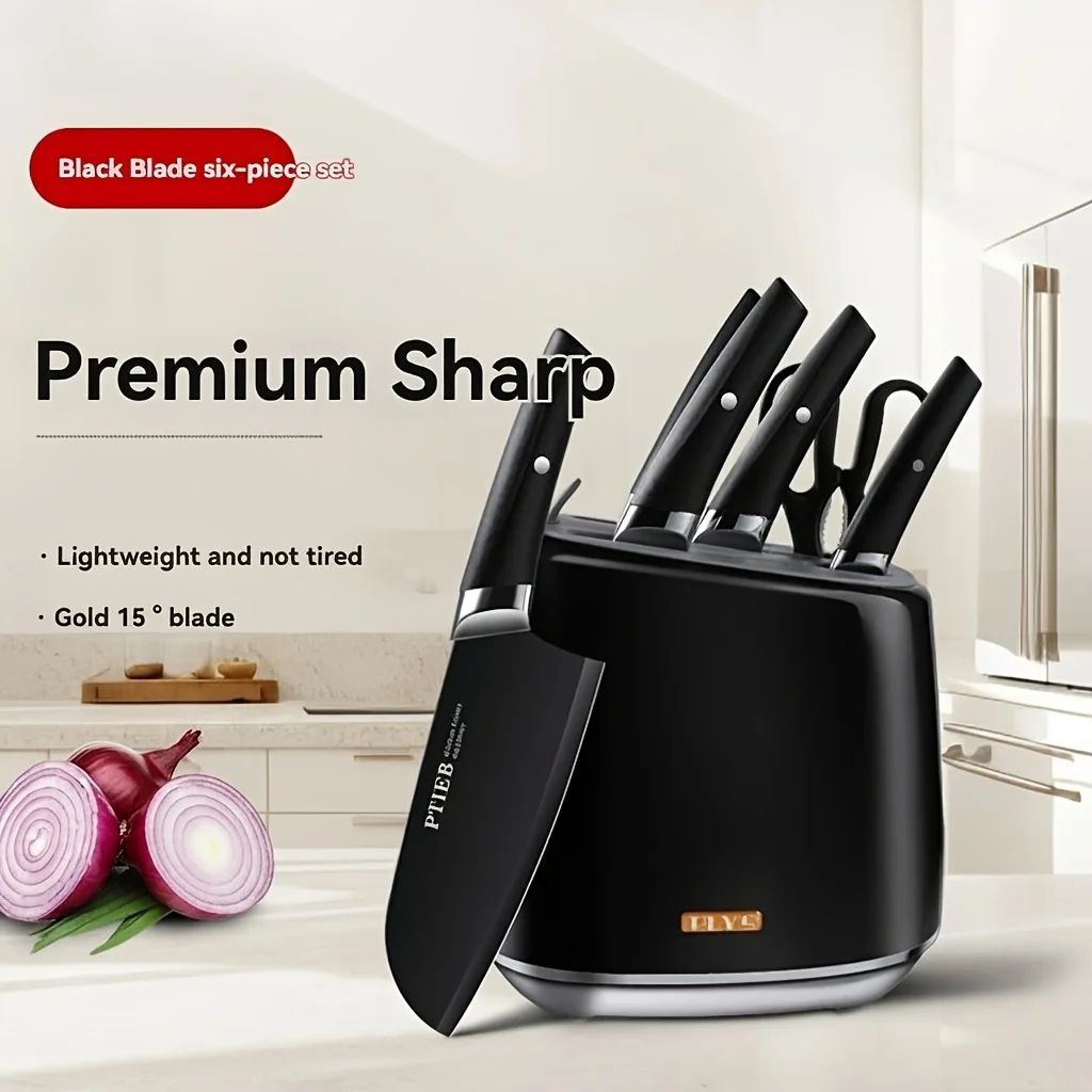 Kitchen Knife Set 6-Piece Stainless Steel Knife Combination with Knife Holder, Household Meat Cutting Knife, Fruit Knife, Cross-Border Overseas Warehouse in Stock