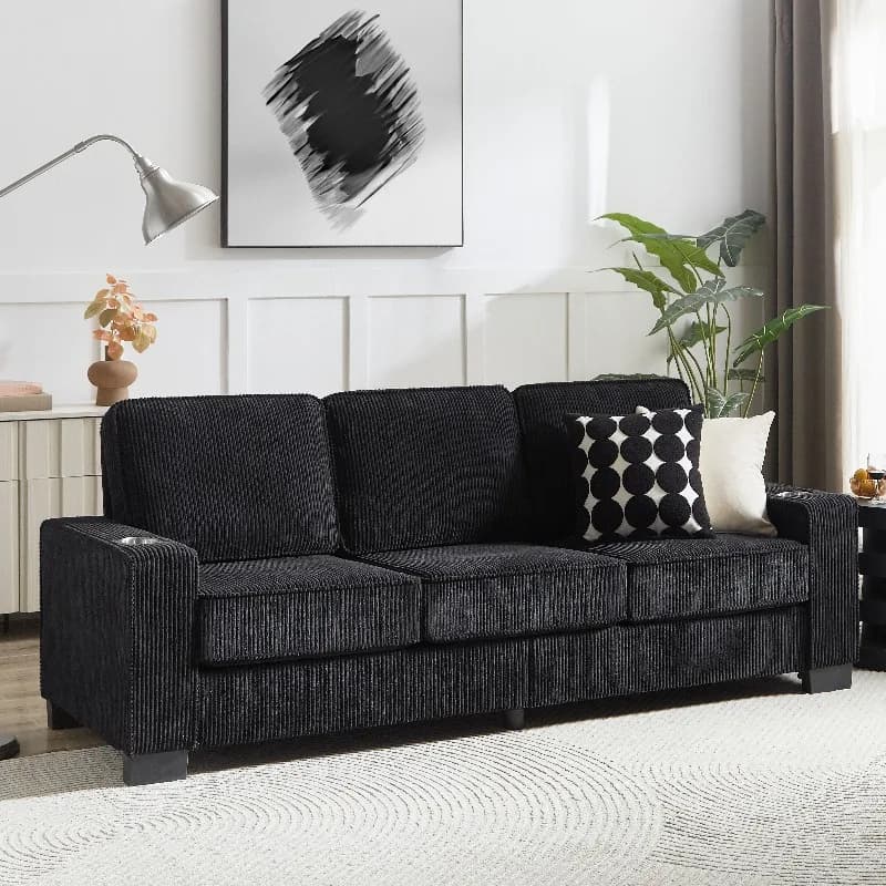 Premium Black 3-Seater Cord Fabric Sofa with Built-In Drink Holders - Ergonomic, Easy-Care Modern Sofa for Living Room, Bedroom, Office
