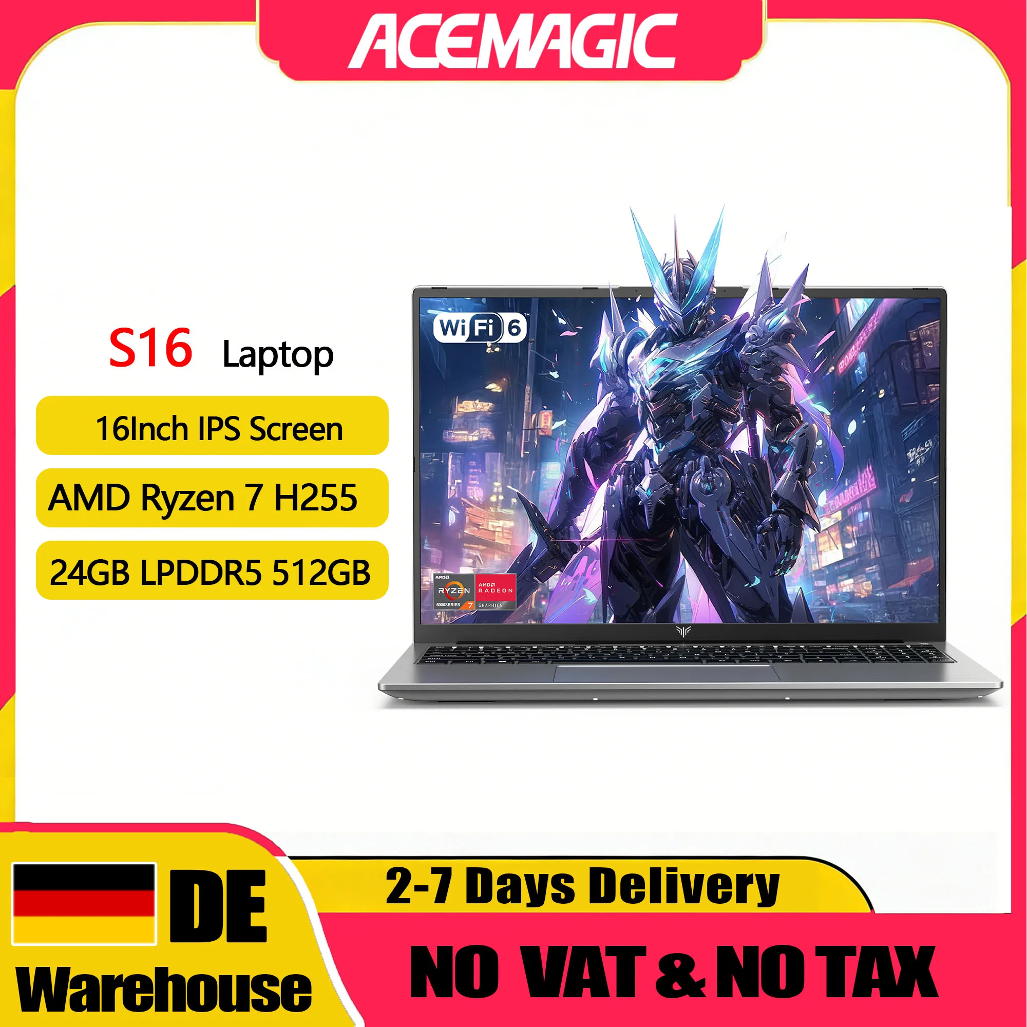 ACEMAGIC S16 Laptop 16Inch Gaming Laptop - Ryzen 7 H255 - 24GB LPDDR5 512B NVMe SSD - AMD Radeon 780M - WiFi6 - BT5.2 - Windows 11 Pro