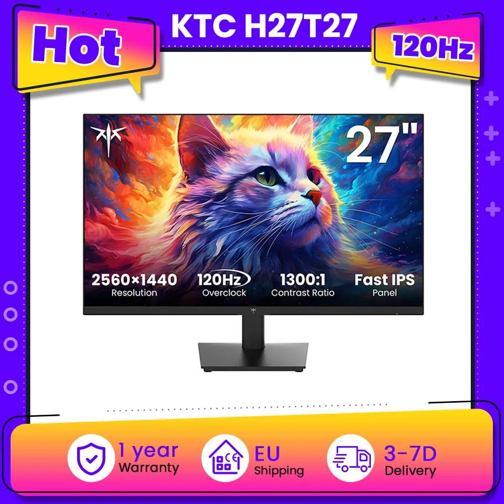 KTC H27T27 Office Monitor, 27inch 2560×1440 2K QHD Fast IPS Screen, 120Hz OC Refresh Rate, 99% SRGB, HDR, FreeSync & G-Sync Compatible, Low Blue Light & Flicker-Free, Adjustable Tilt Stand, 100×100mm VESA Mount