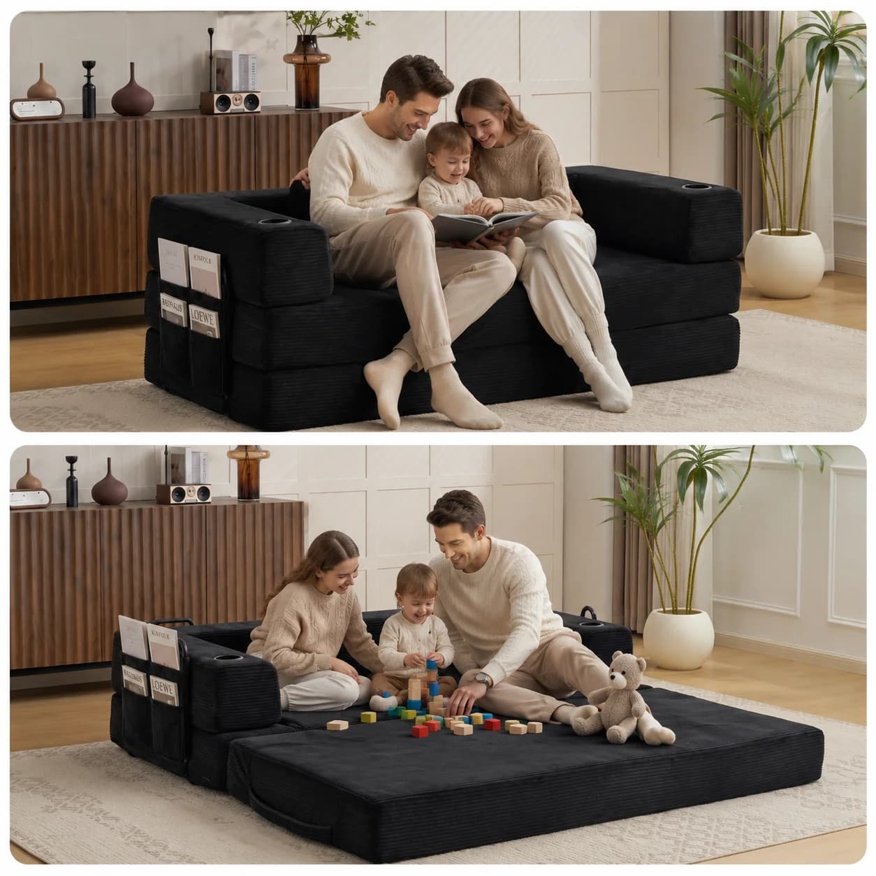 Convertible Black Foldable Corduroy Floor Sofa Bed, No Assembly Compressed Foam Lazy Couch with Cup Holder Side Storage Pocket, Free Combination Modular Sleeper Sofa for Living Room Apartment Dorm Guest Bed