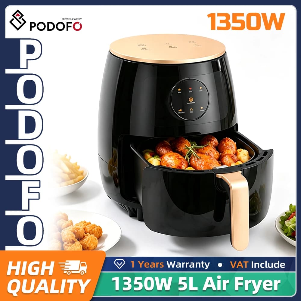 Podofo 5L Large Capacity Air Fryer 1350W Oil Free Healthy Cooking Machine Max 200°C Adjustable Temperature 0-60 Minutes Timer 7 Preset Menus Non Stick Air Fryer Suitable For Family