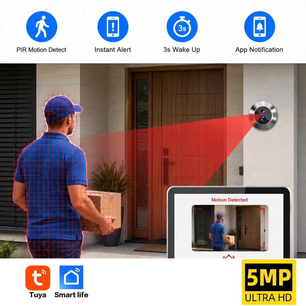 Smart Life House 2.4G Wifi Wireless Door Peepholes Doorbell 5MP Tuya Samrt Door Eye With Camera Ring Bell PIR Detection Doorbell