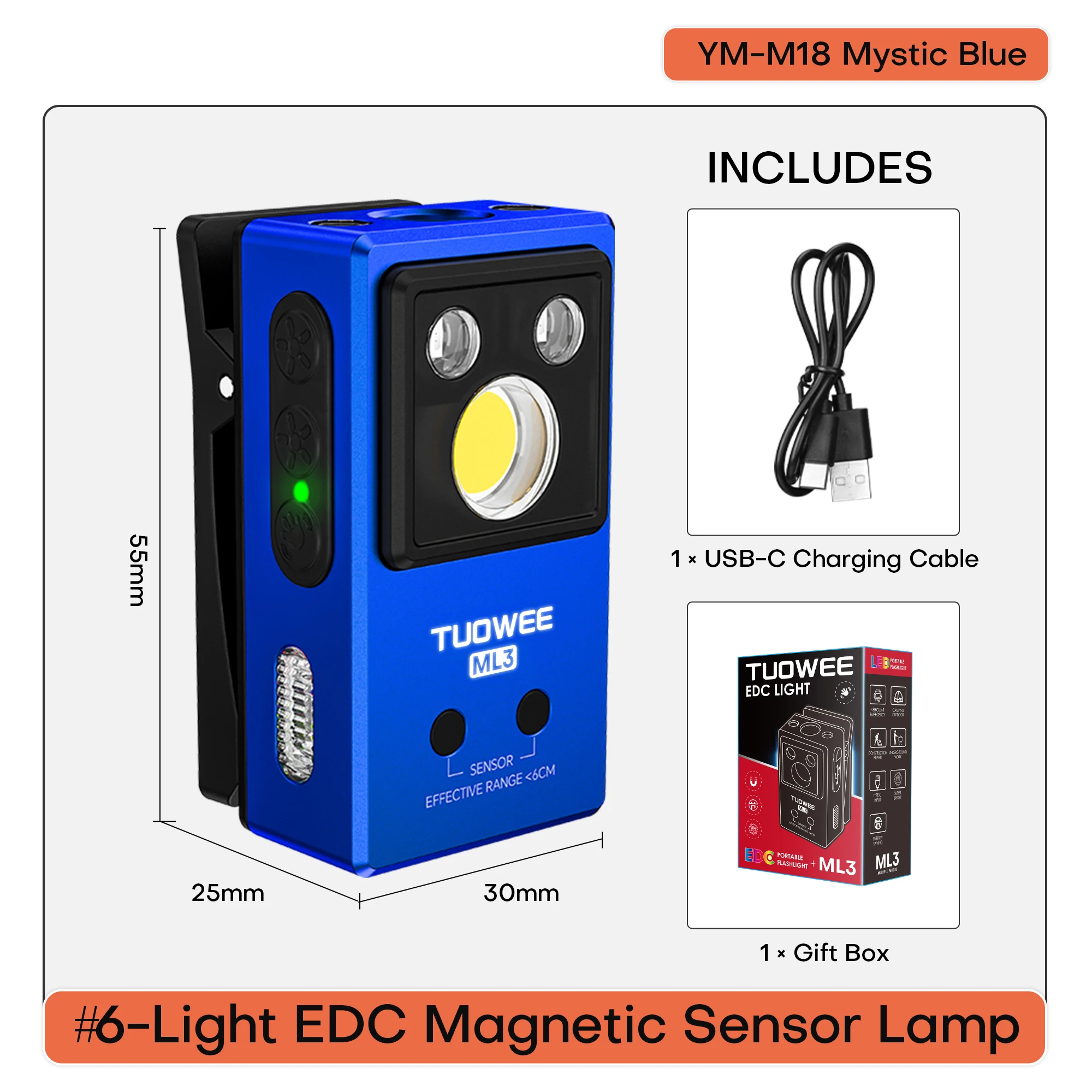 Rechargeable EDC Flashlight Magnetic Clip‑on Work Light Gesture Sensor Torch with UV Light RGB Color Light Waterproof Emergency Lamp for Car Repair Camping Hiking