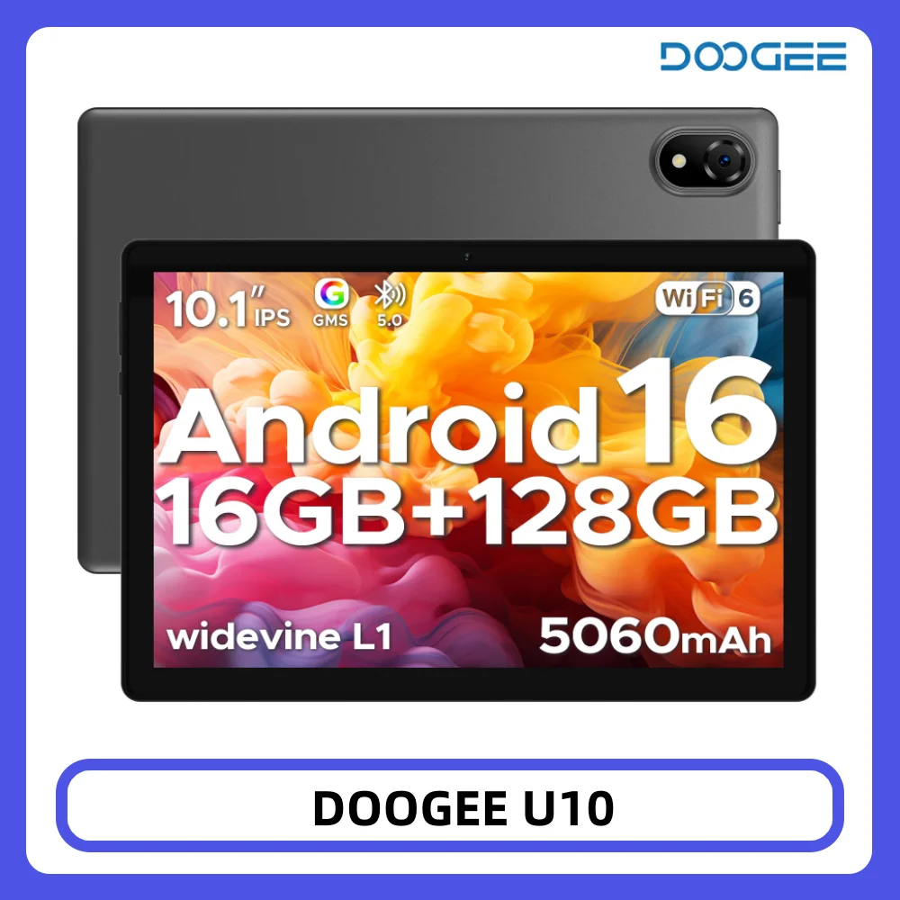 DOOGEE U10 Tablet 10.1" HD Display Android 16 16GB RAM 128GB ROM 5060mAh Large Battery Widevine L1 WiFi6 8MP+5MP Pad PC