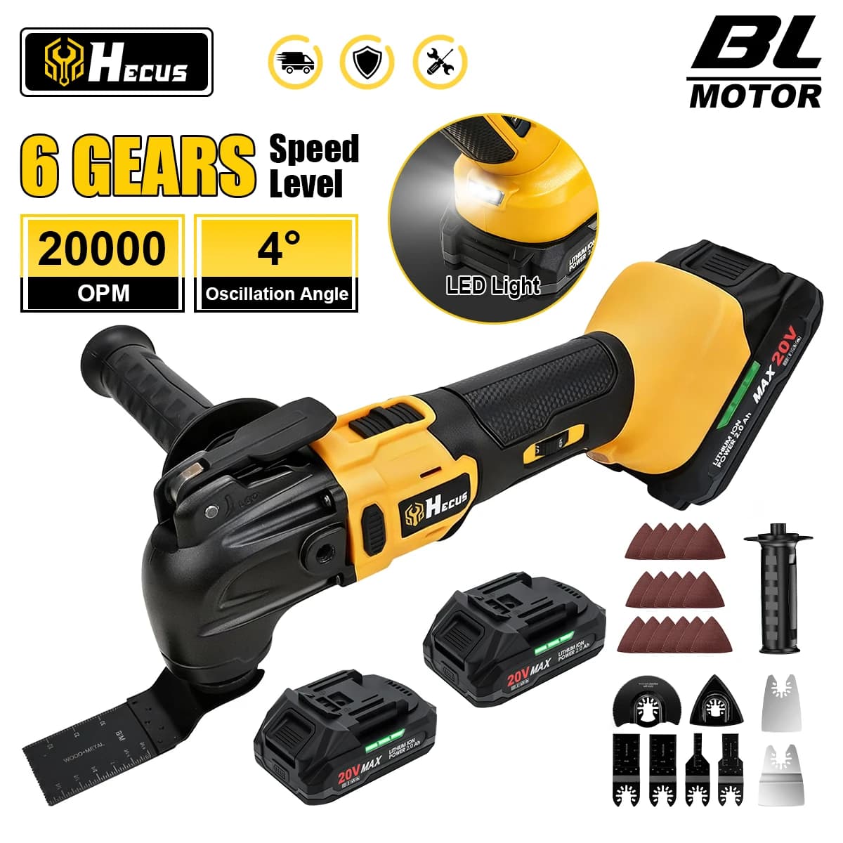 Hecus Brushless 6Gear Electric Oscillating Multi Tool 20000OPM Wood Cutting Saw Polisher Power Tool For Makita 18V Battery Pin
