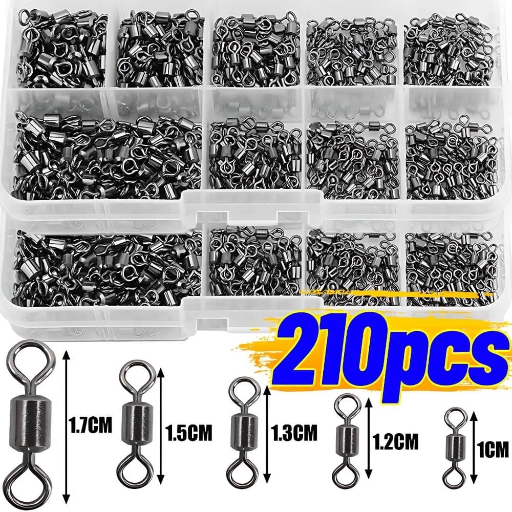 Fishing Swivels Kit Ball Bearing Rolling Swivel Fishing Tackle Saltwater Freshwater Fishing Line Connectors for Carp 210pcs/box