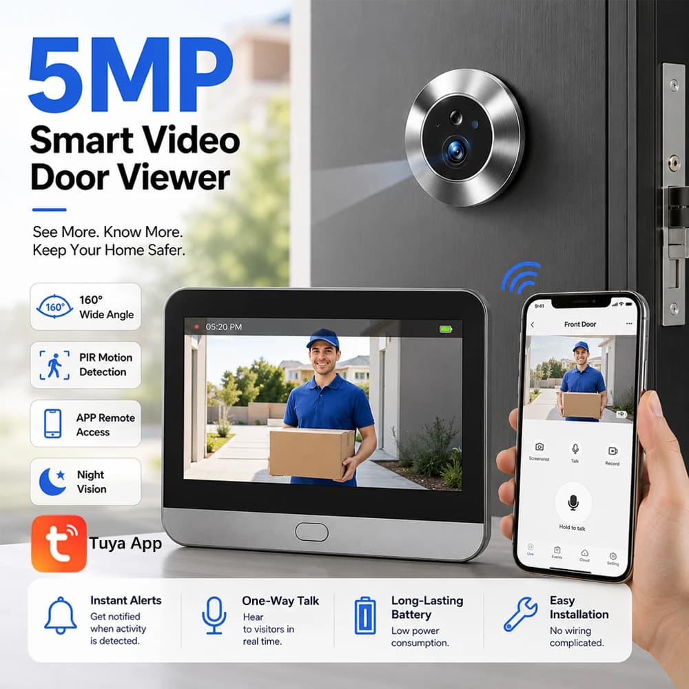 Tuya Smart 5MP WiFi Doorbell Camera, 140° Wide Angle, IR Night Vision, PIR Motion Detection, Mini Peephole Door Viewer, Alexa Google Compatible