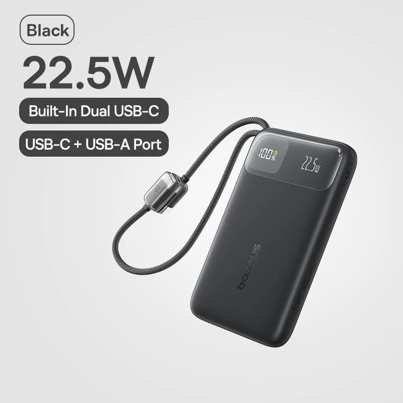 Baseus 10000mAh Power Bank 22.5W Built-In Dual USB-C Cable Thinner Fast Charging for iPhone 17 Pro Max Samsung S25 Xiaomi Poco