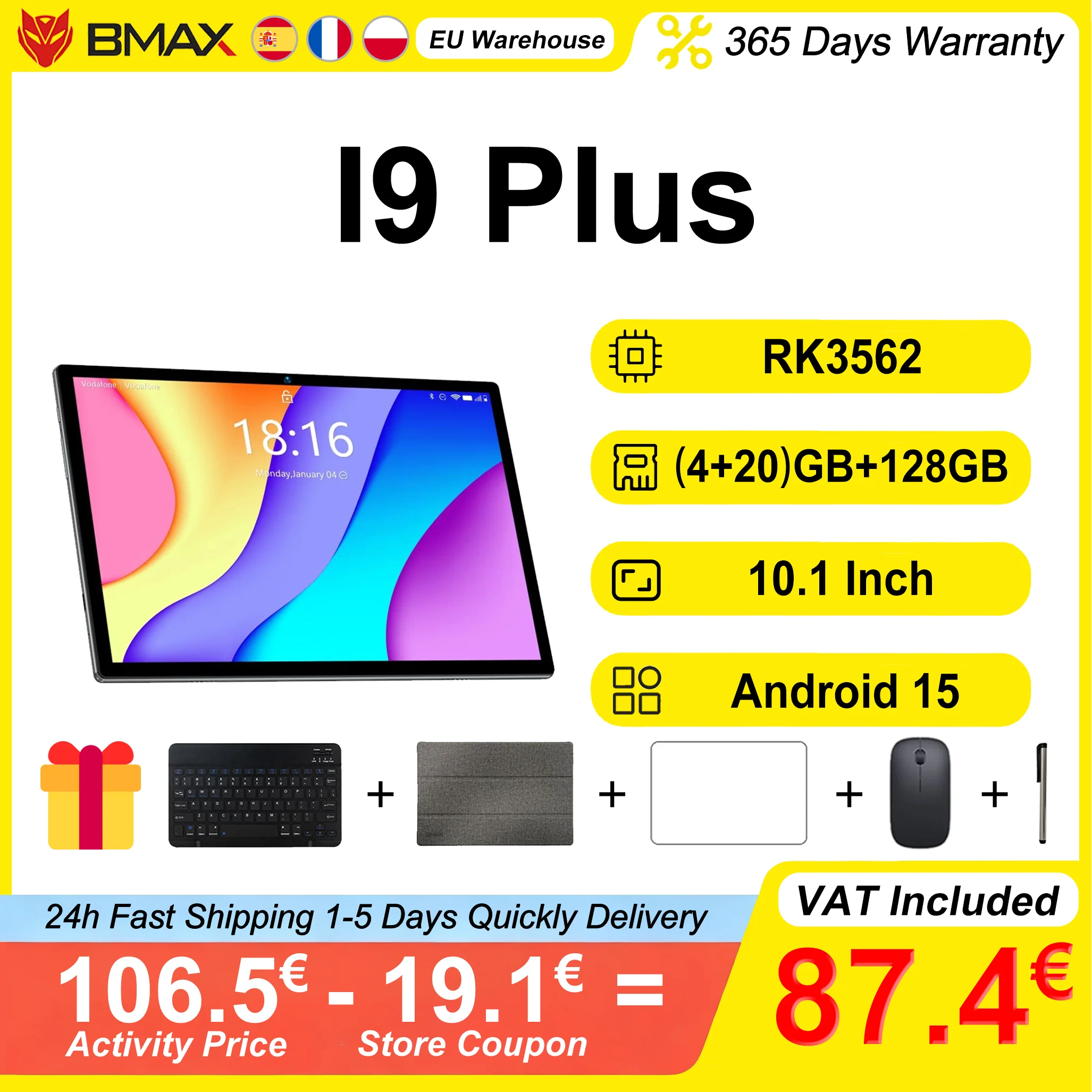 BMAX I9 Plus Tablet 10.1'' (4+20)GB RAM 128GB ROM Rockchip RK3562 Android 15 1280*800 IPS 6000mAh Type-C WIFI 6 Bluetooth 5.4 2-Core