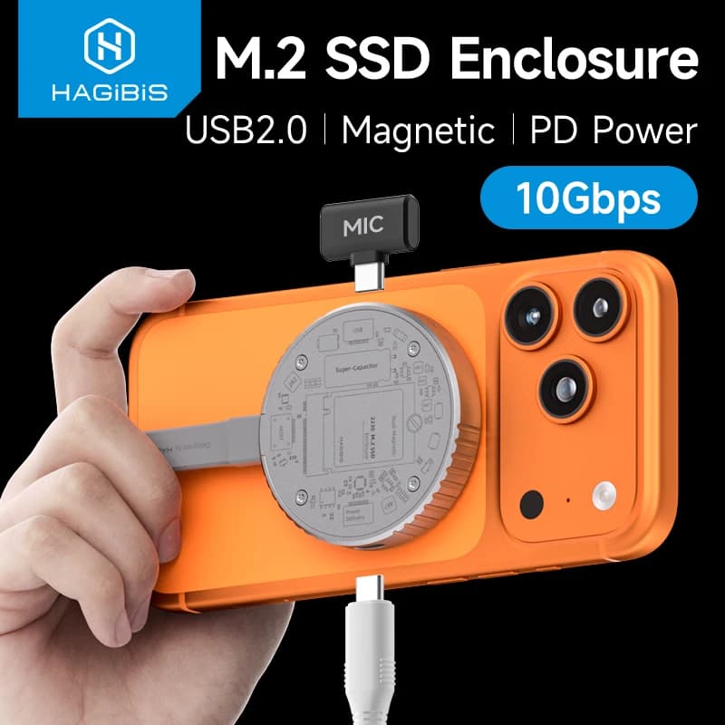 Hagibis Magnetic M.2 2230 NVMe SSD Enclosure SSD Case USB C 3.2 Gen2 to NVMe PCI-E for iPhone 16 Pro 17 ProRes Magsafe MacBook