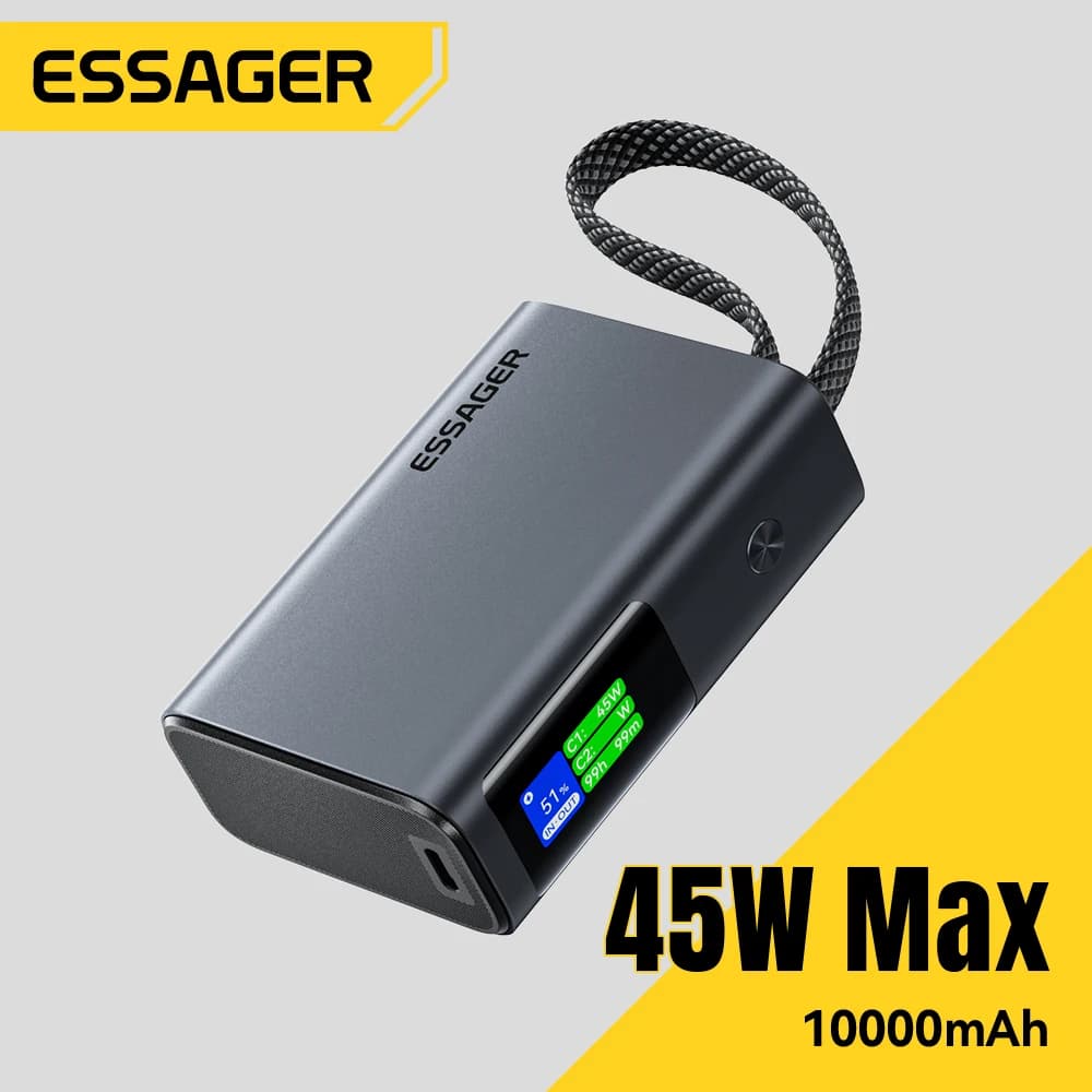 Essager 45W Power Bank 10000mAh with Built-In USB-C Cable Portable Fast Charging External Battery for iPhone 17/16/15 Samsung S2