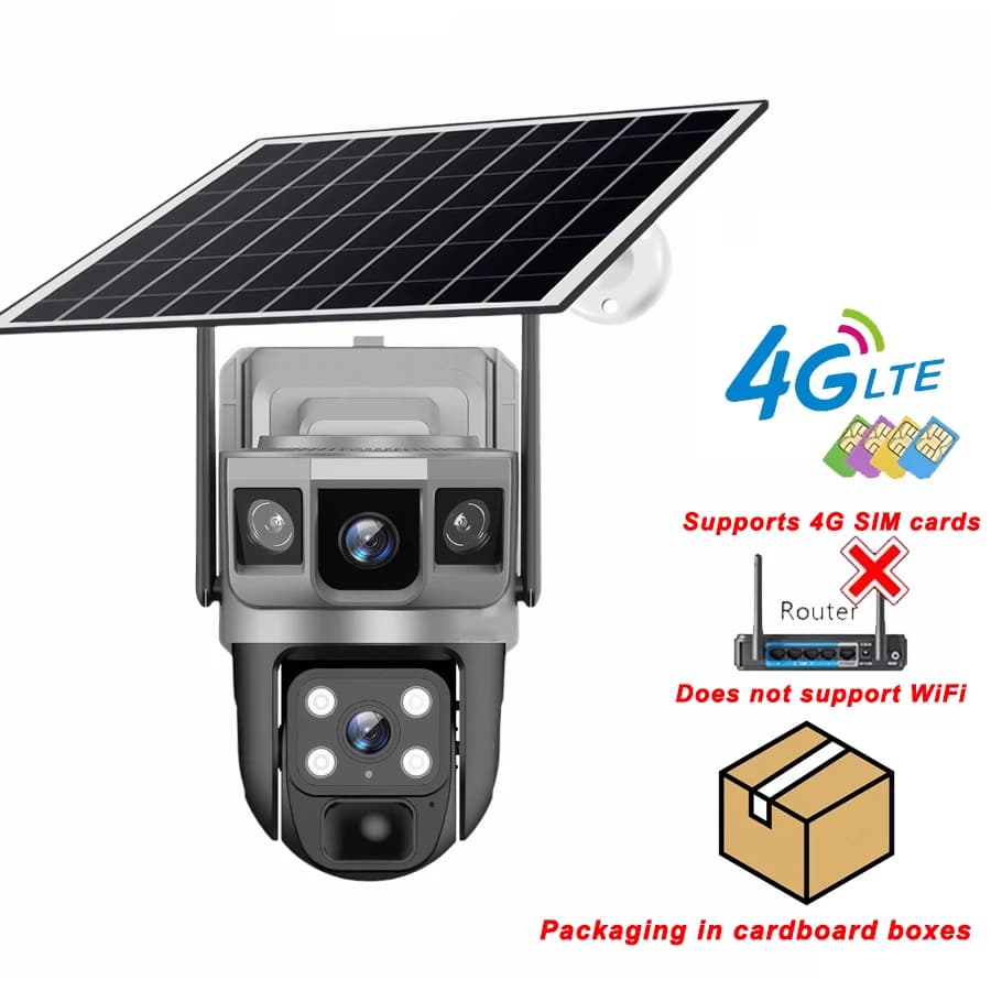 V380 Pro 12MP Solar 4G IP Camera CCTV Three Screen Auto Tracking Outdoor Waterproof 6K Security Surveillance PTZ Camera Rechargeable Battery Powered 4G Surveillance Camera 355-Degree Horizontal And Vertical 90-Degree Rotation﻿