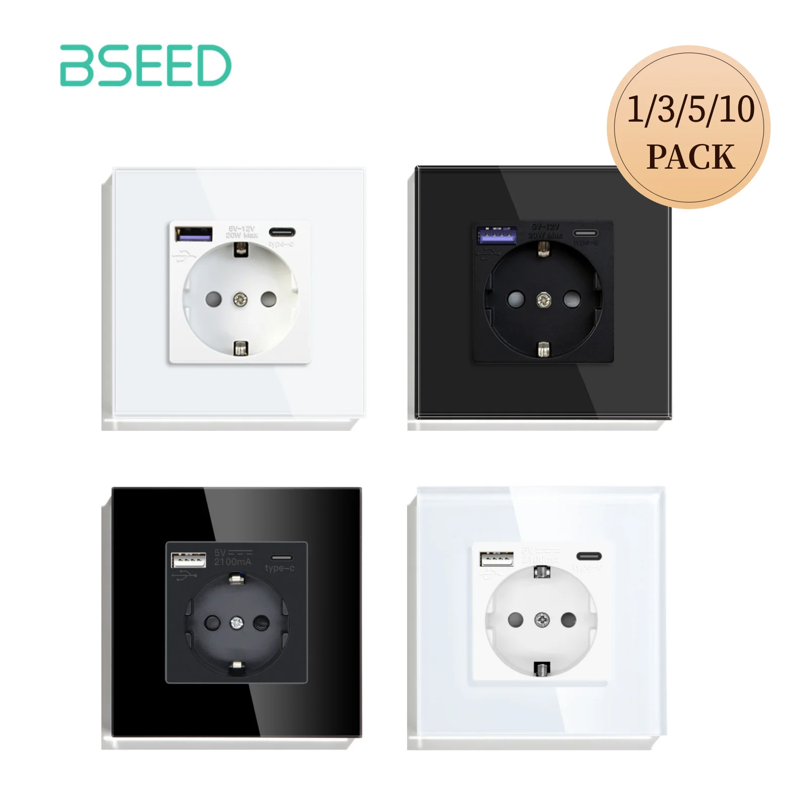 BSEED EU Standard Wall Socket Phone Charge USB C Single Socket 16A Glass Frame 110V - 240V Electrical Outlet Type-c Wall Mounted