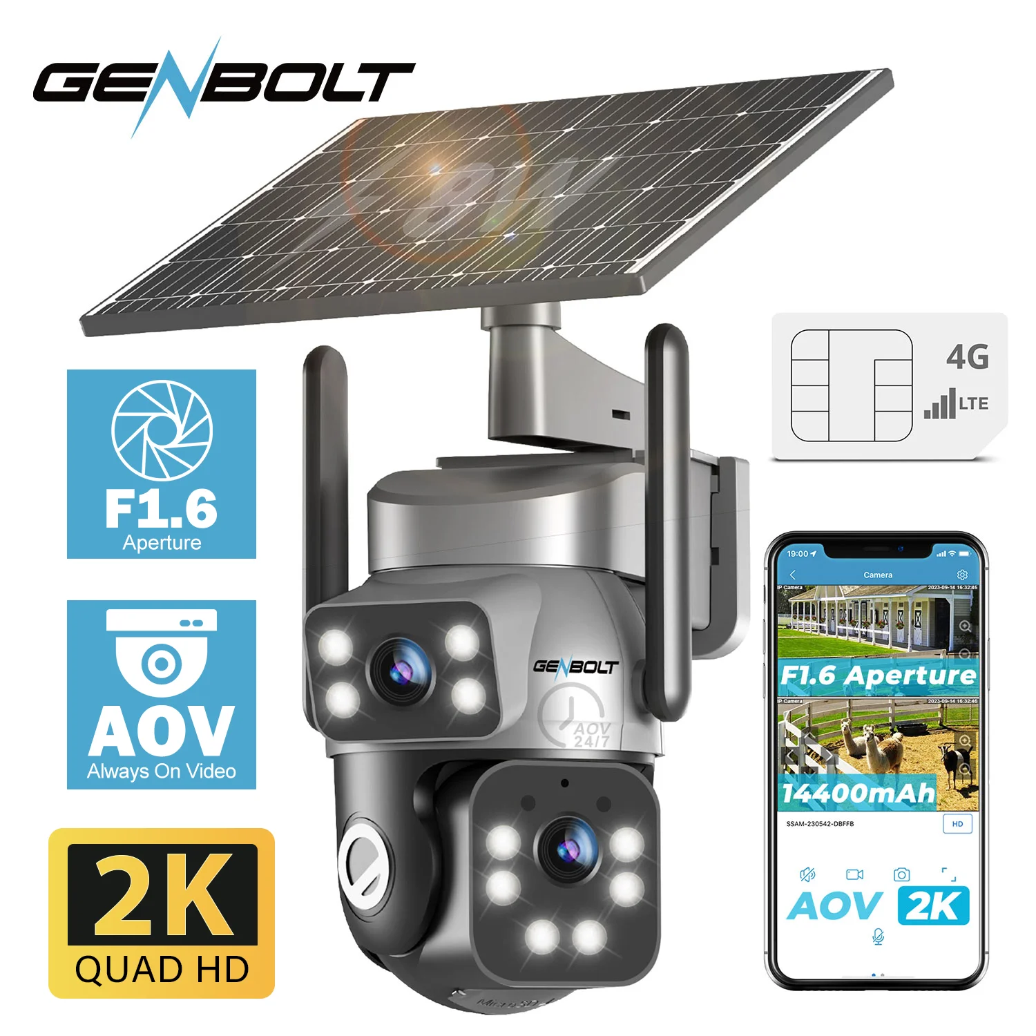 GENBOLT 4G LTE Solar Security Camera No WiFi, AOV 24/7 Recording 2K Surveillance, Sim Card, 14400mAh Battery PIR Human Detection