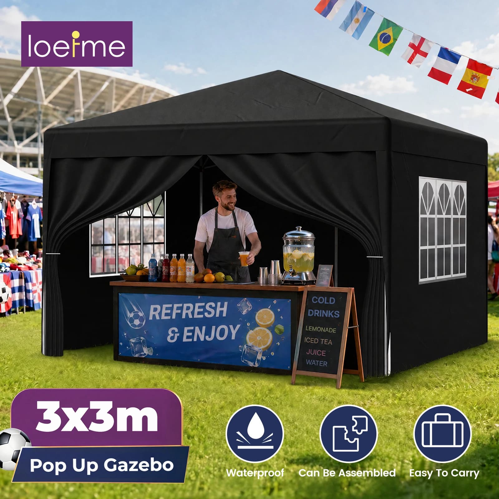 LOEFME 3x3M Folding Outdoor Gazebo Waterproof Wind Resistant Canopy Tent Sun Shelter Removable Side for Camping Garden Party Use
