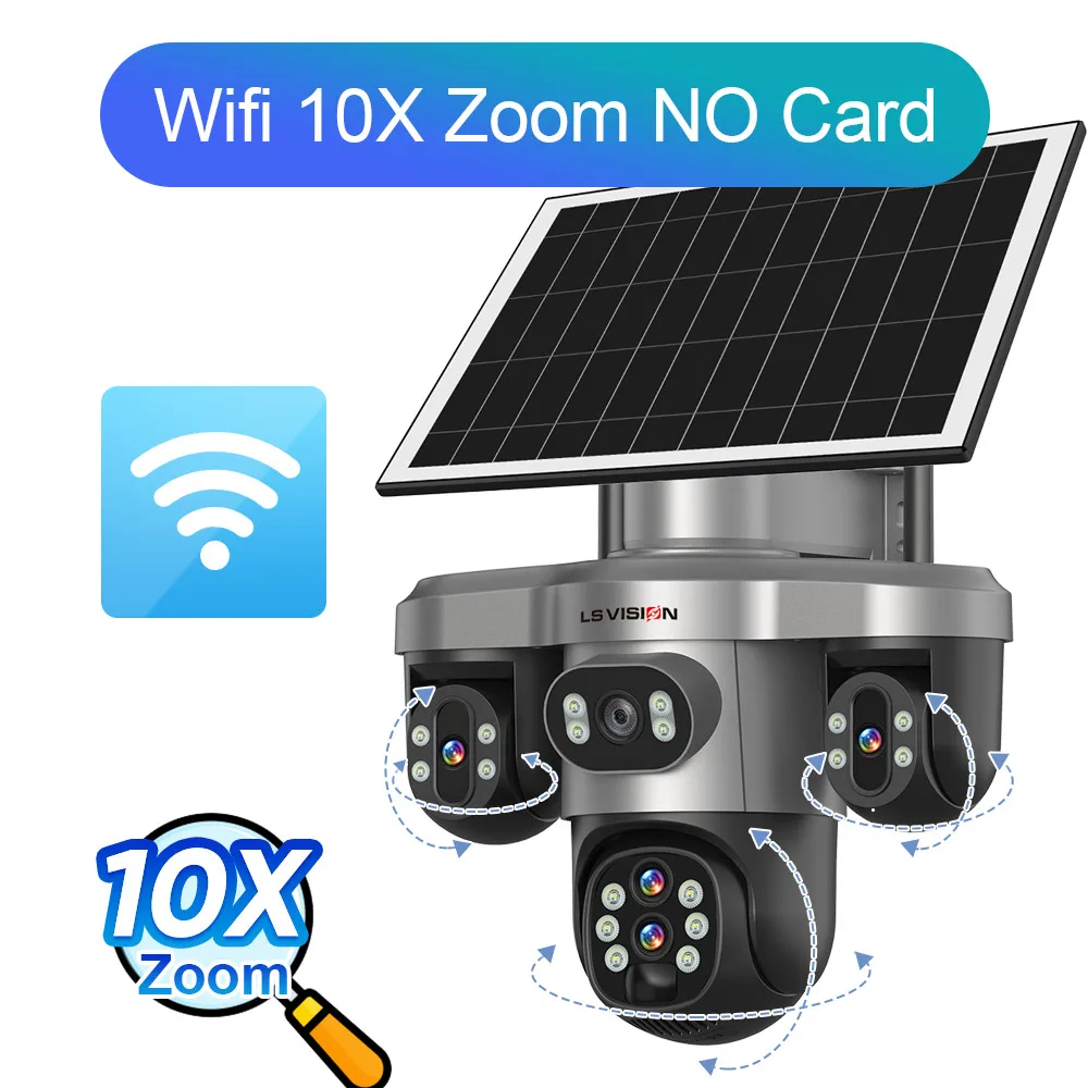 LS VISION 10X Optical Zoom Three PTZ Lens 4G Solar Camera Outdoor 20MP Four Lens Three Screens WiFi AI Humaniod Detection Auto Tracking IP66 Waterproof Surveillance Camera V380 Pro APP