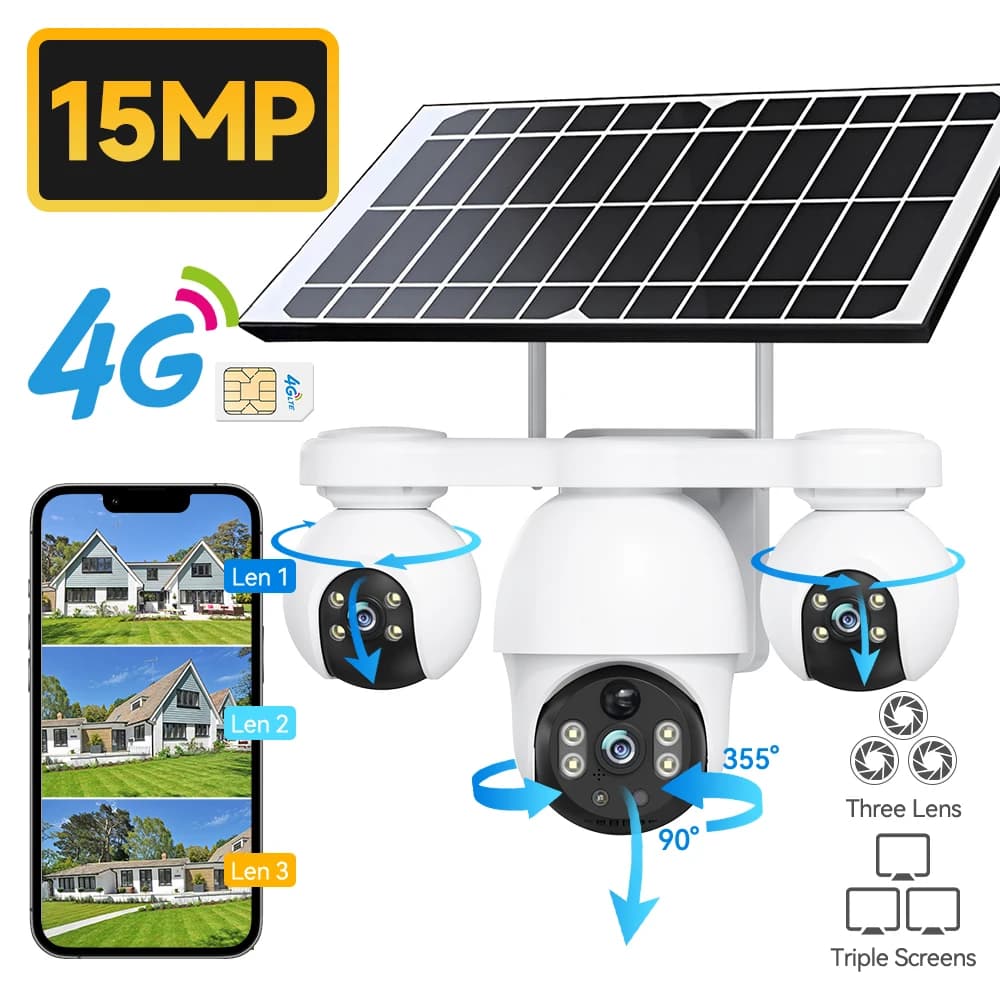 15MP 8K 4G IP Camera Three Lenses Solar Outdoor Waterproof Camera HD Low Power Battery PIR Night Vision WiFi CCTV Security Cam