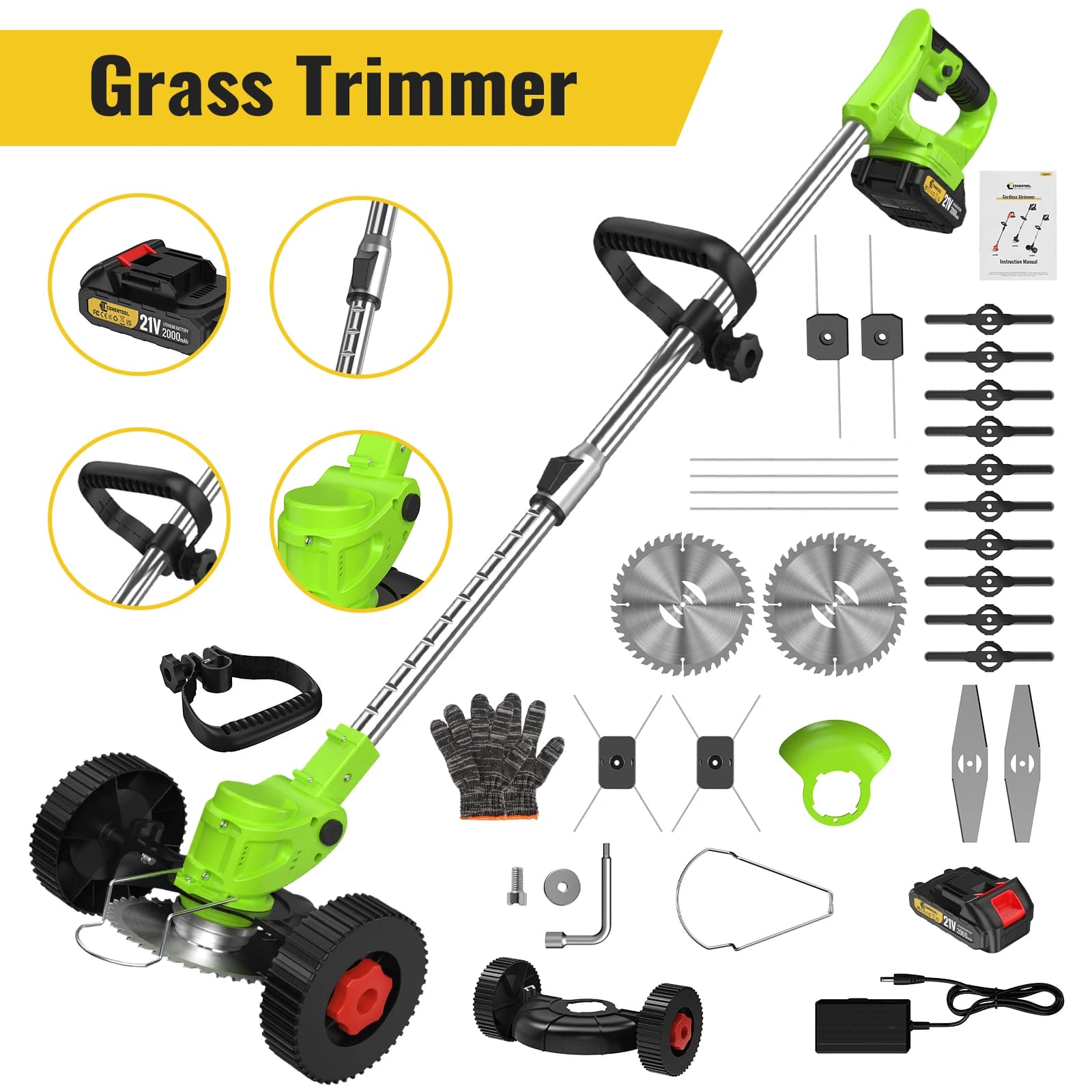 Conentool 21V Cordless Grass Trimmer Brush Cutter 650W Electric Weed Wacker with 5 Cutting Blades, For Makita Battery Interface, Telescopic Pole, Support Wheel for Garden Lawn Edge Trimming