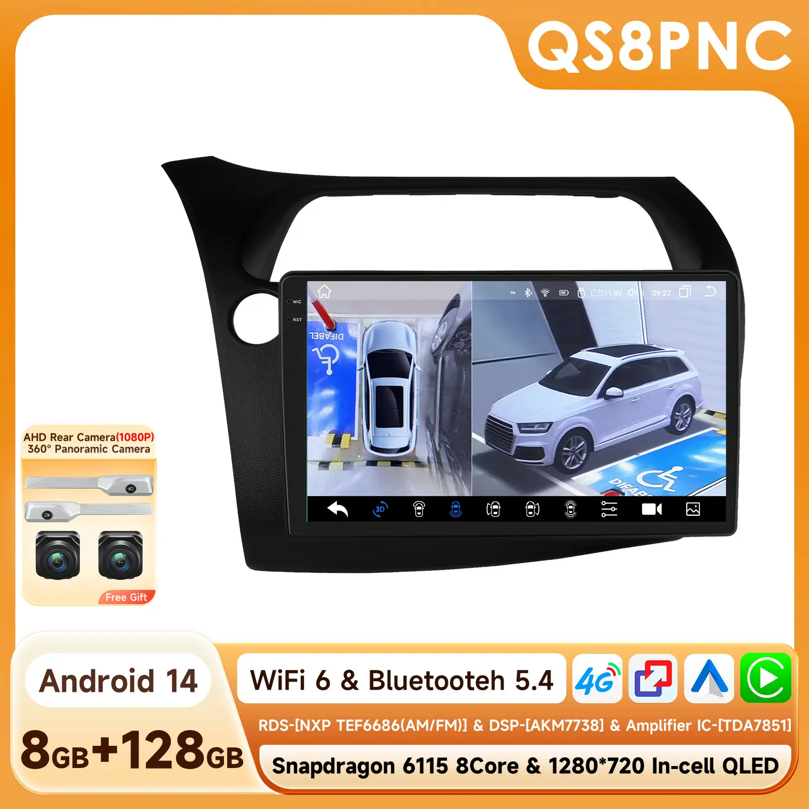AURAAI 2K Screen Wireless CarPlay Android 13 Car Radio For Honda Civic Hatchback 2005 - 2011 ADAS 360Camera 4G WIFI6 BT 3D UNISOC 7870