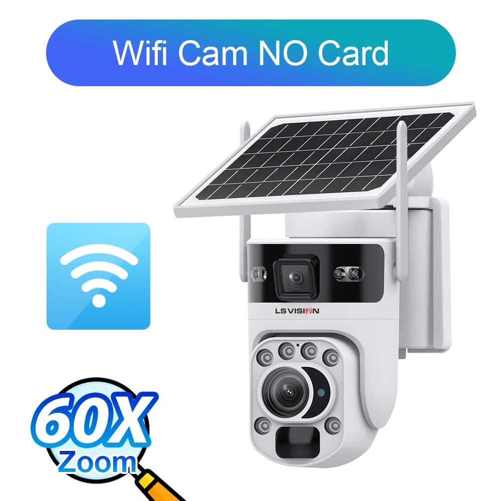 LS VISION 12MP 60X Optical Zoom 4G Solar Camera Dual Screen WiFi PTZ PIR Detection Color Night Vision Two Way Audio Human Auto Tracking IP65 Waterproof Smart Linkage Surveillance Cameras Outdoor Ubox Pro App