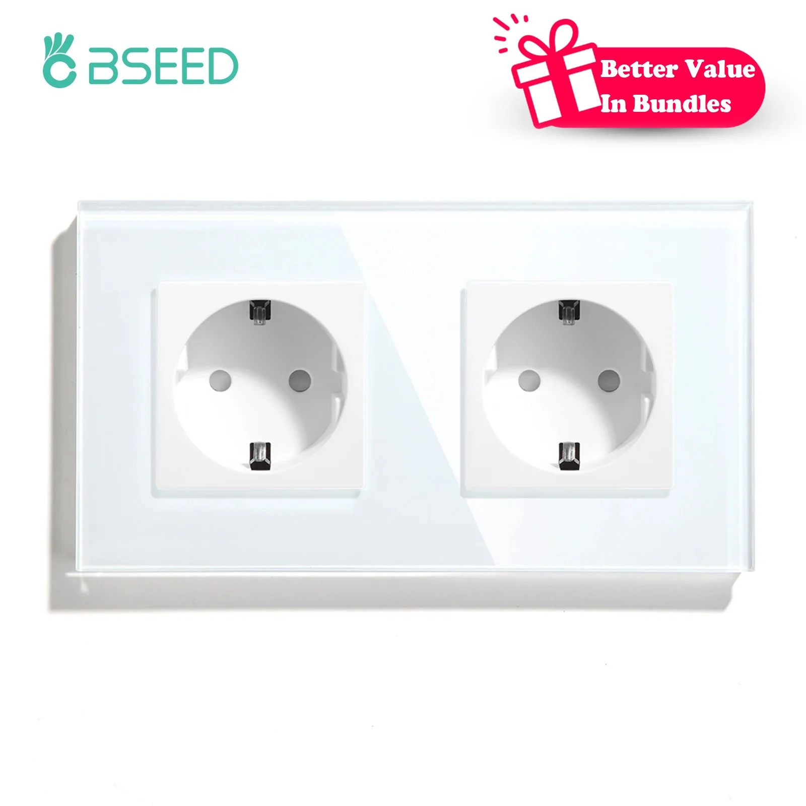 BSEED Wall Sockets Glass Frame Double Sockets 16A EU Standard 110V - 240V Electrical Outlet Wall Mounted Sockets Multi-piece Set