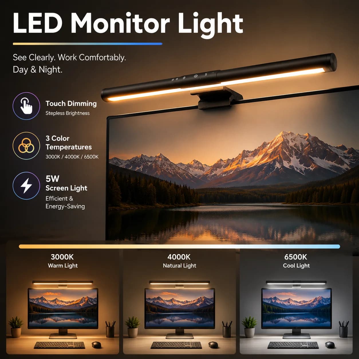 LED Desk Lamp Monitor Light Bar PC Computer 3Colors/RGB Dimmable Screen Hanging Light 33/44cm Table Lamp Reading Touch Night Light 5W