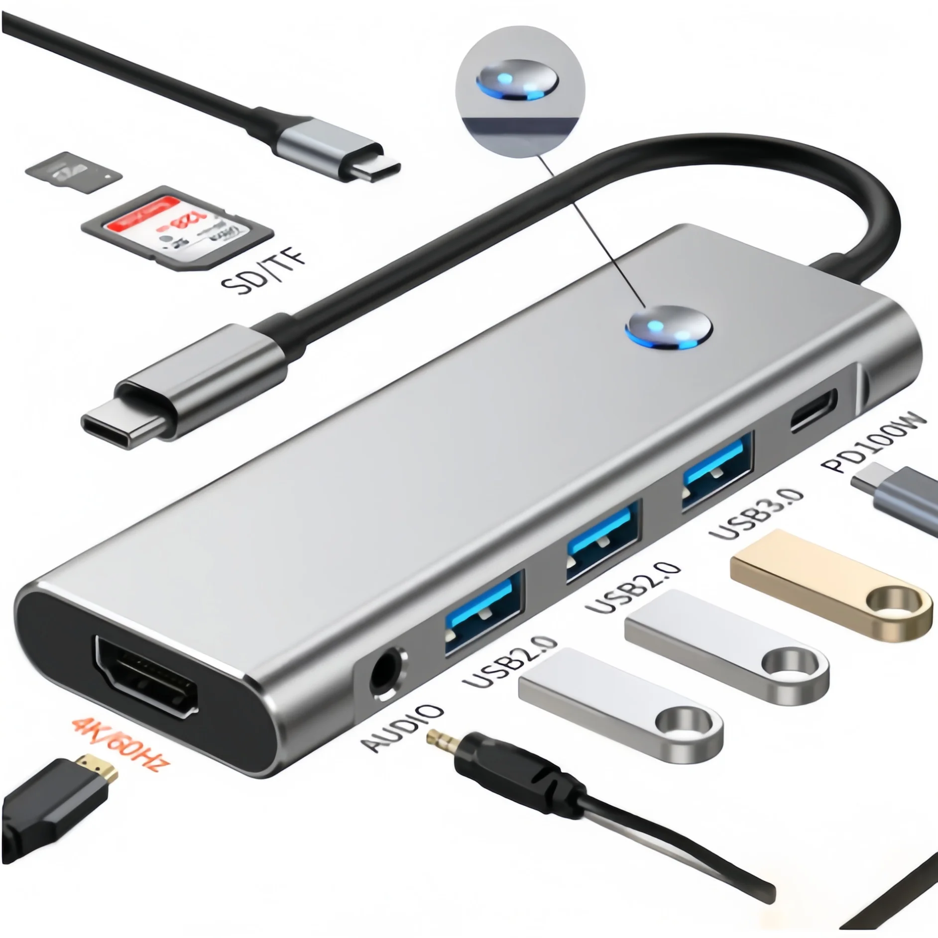 Type-C 8-in-1 Multifunction Hub USB-C to HDMI 4K PD100W USB3.0 Card Reader for Laptop