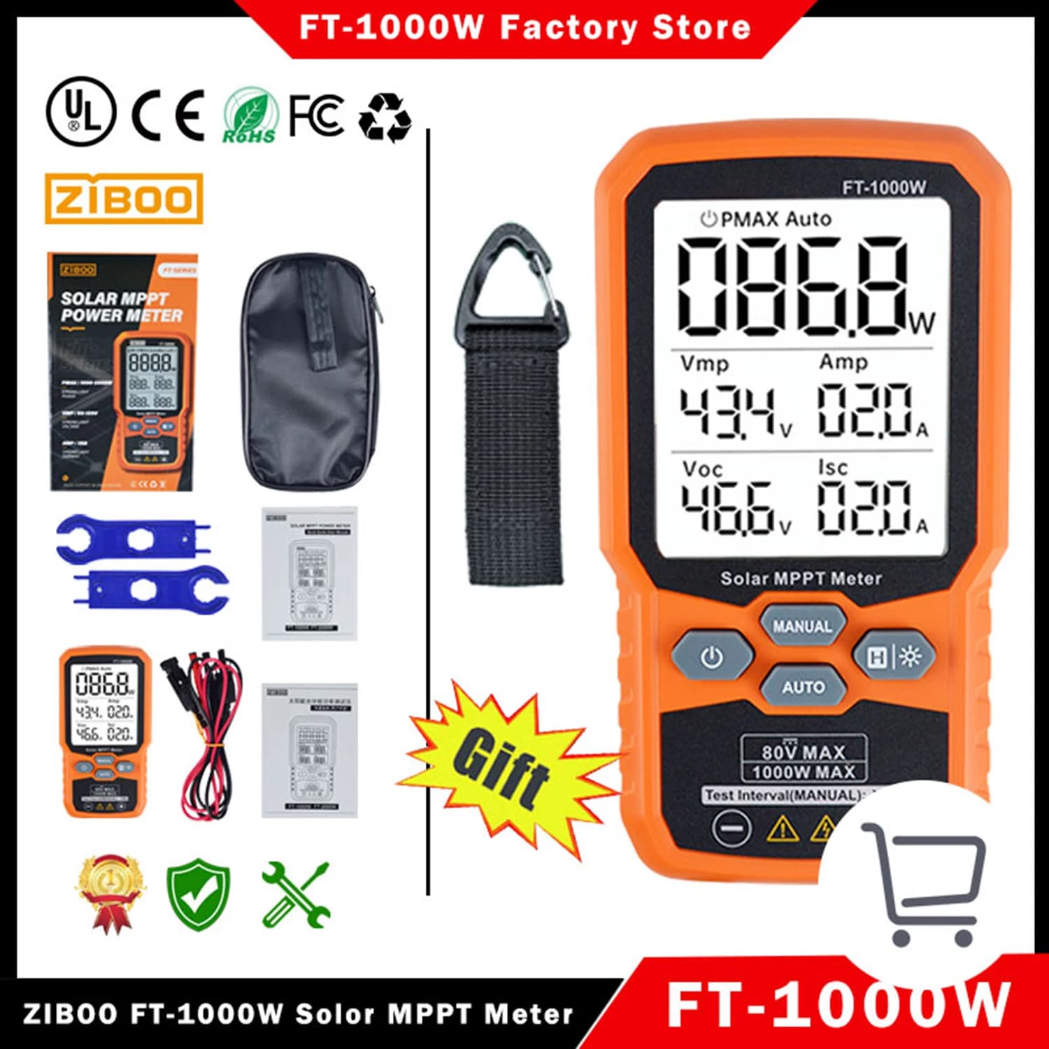 ZIBOO PV Module Power Tester Solar MPPT Meter Photovoltaic Multimeter FT-2000W,FT-1000W Solar MPPT Meter Photovoltaic Multimeter