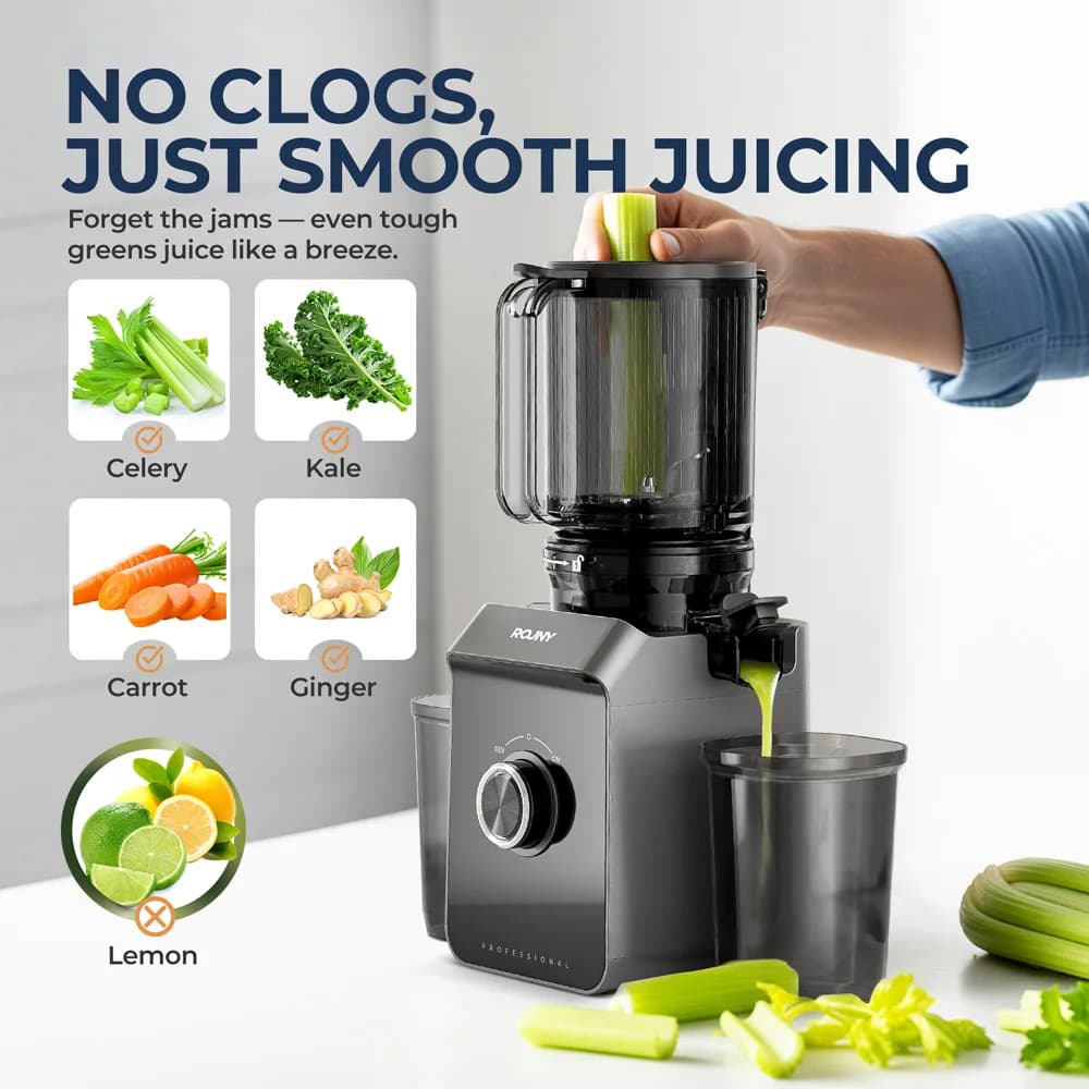 ROUNY Cold Press Extractor with Filter-Free, Easy Clean Electric Fruit Slow Juicer Machine with 130mm Large Feed Caliber,  Black