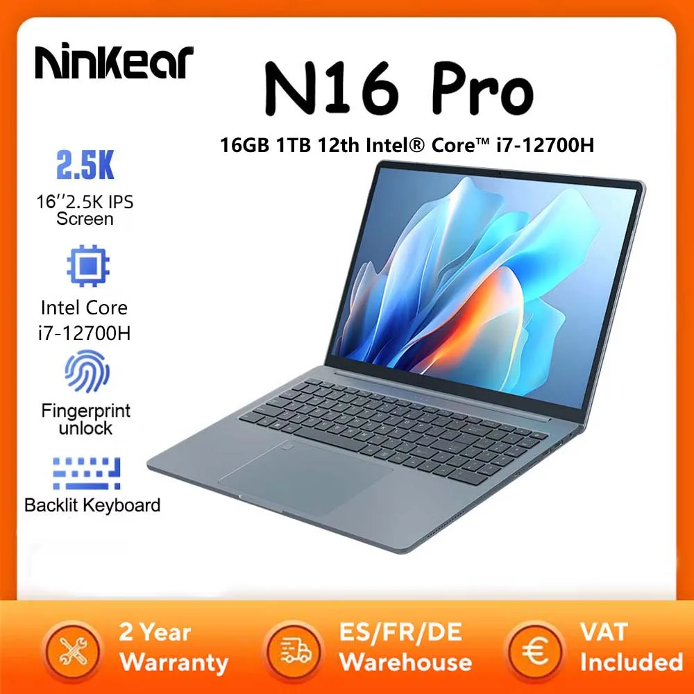 Ninkear N16 Pro Laptop 16GB 1TB 12th Intel® Core™ i7-12700H 16‘’ 2.5K 120Hz Gaming Computer 63Wh Fingerprint Unlock Notebook