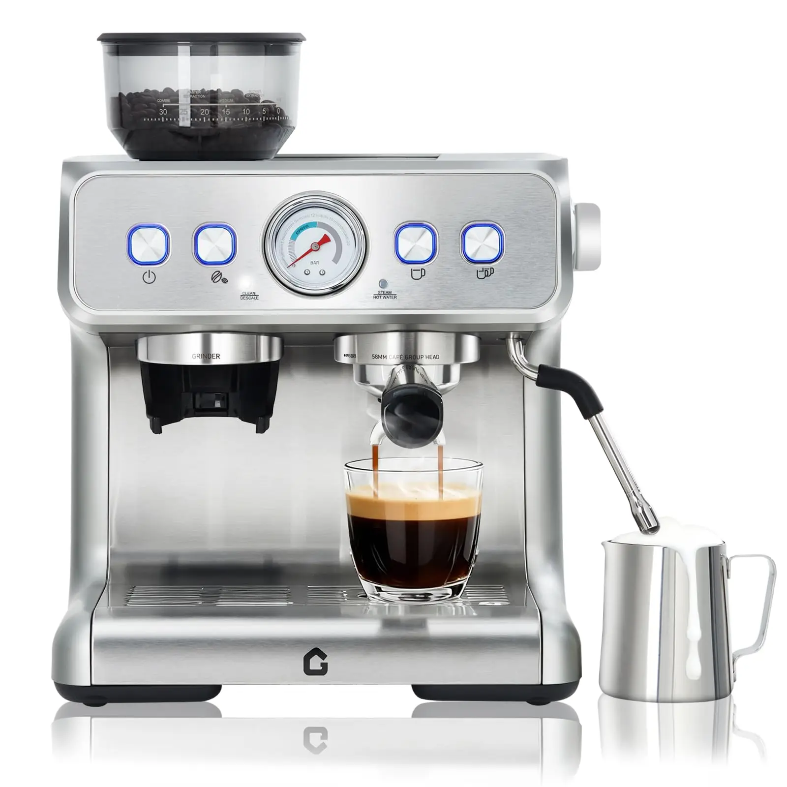 20 Bar Stainless Steel Espresso Machine With Grinder & Milk Frother 2.8L Removable Tank Adjustable Shot Volume For Home Office