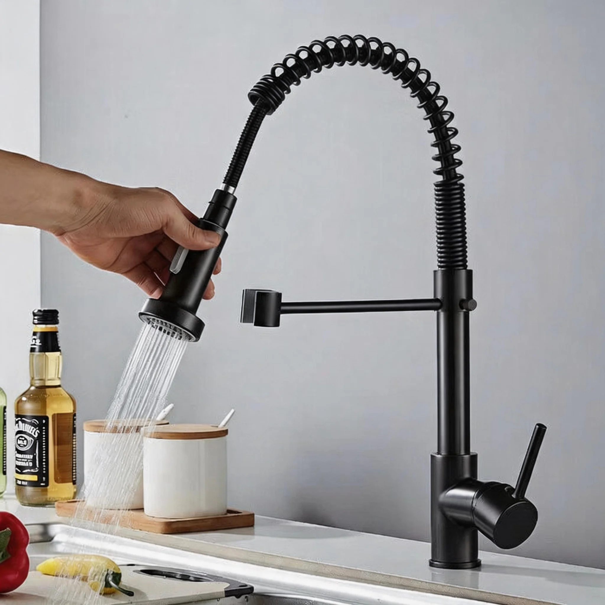 Kitchen Faucets Brushed Nickel Pull Down Kitchen Sink Water Tap Deck Mounted Mixer Stream Sprayer Head Hot Cold Taps 360° Flexible Swivel Spout Sink Crane Sliver/Black