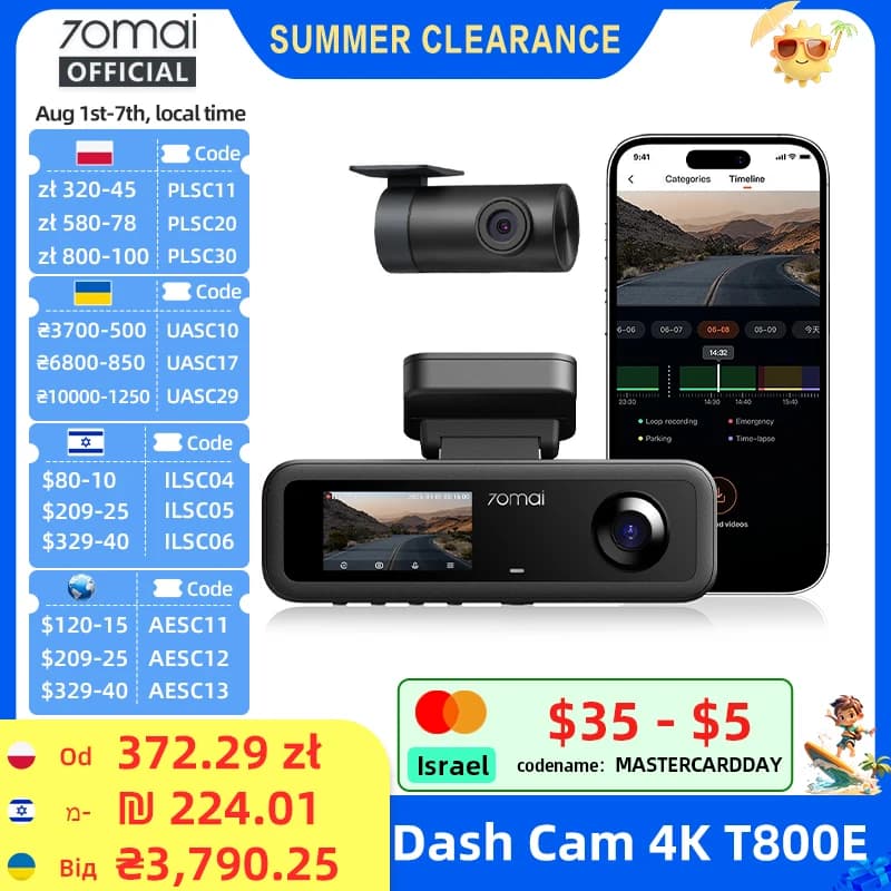70mai T800E 3-Channel Front 4K + Rear 1080P + Interior 1080P HDR Supercapacitor 24H Parking GPS WiFi 6 70mai T800E Voice Control