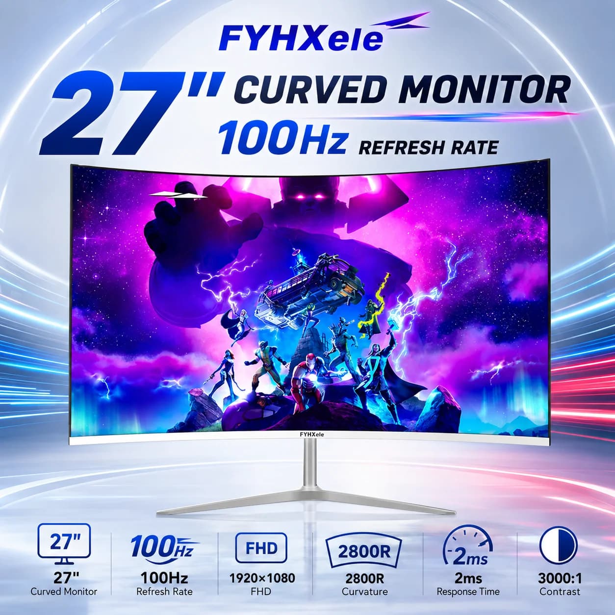 Display Screen 27 Inch 100Hz Curved Gaming Monitor FHD 1080P 16:9 CSOT HVA Panel PC Computer Screen Desktop Display 2ms 99%sRGB R2800 Matte Eye Care DC Dimming HDMI VGA Office Home Gamer Monitores