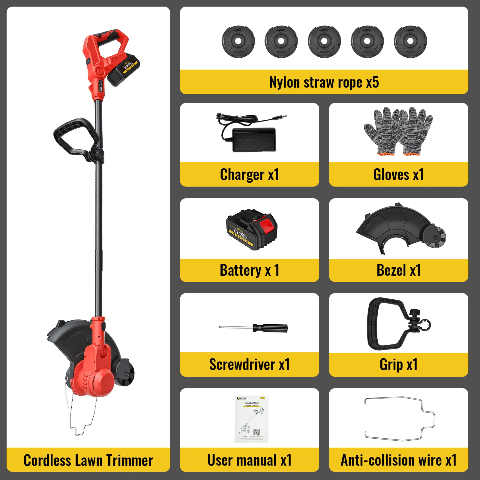 CONENTOOL Electric Lawn Mower 21V Cordless Grass Trimmer 12 Inch 2000W with Blade Free Cutting Head 90° Adjustable Head