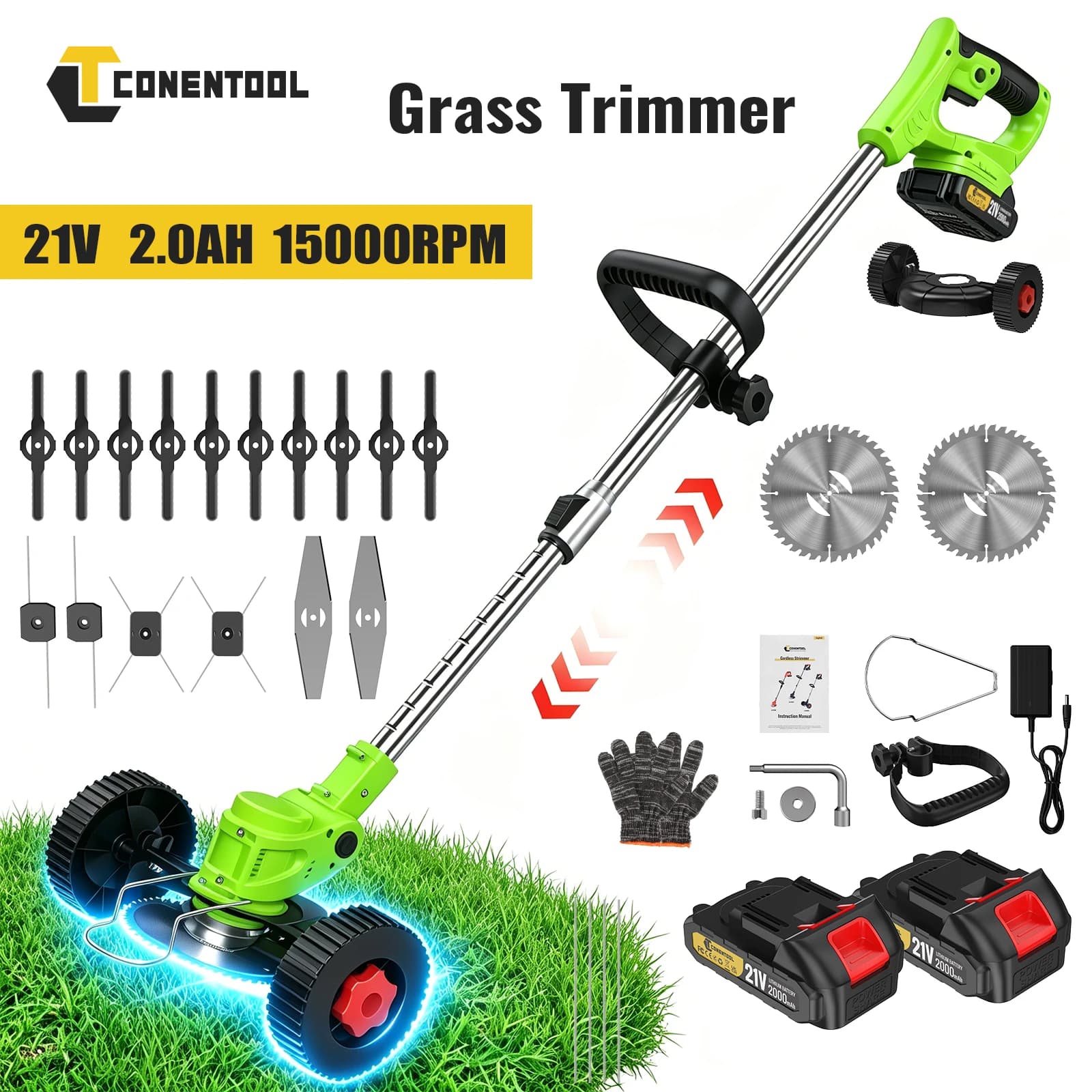 CONENTOOL Cordless Grass Trimmer Adjustable Length Lawn Mower Wheels Handheld Brush Cutter Weed Eater for Makita 18V Battery Pin