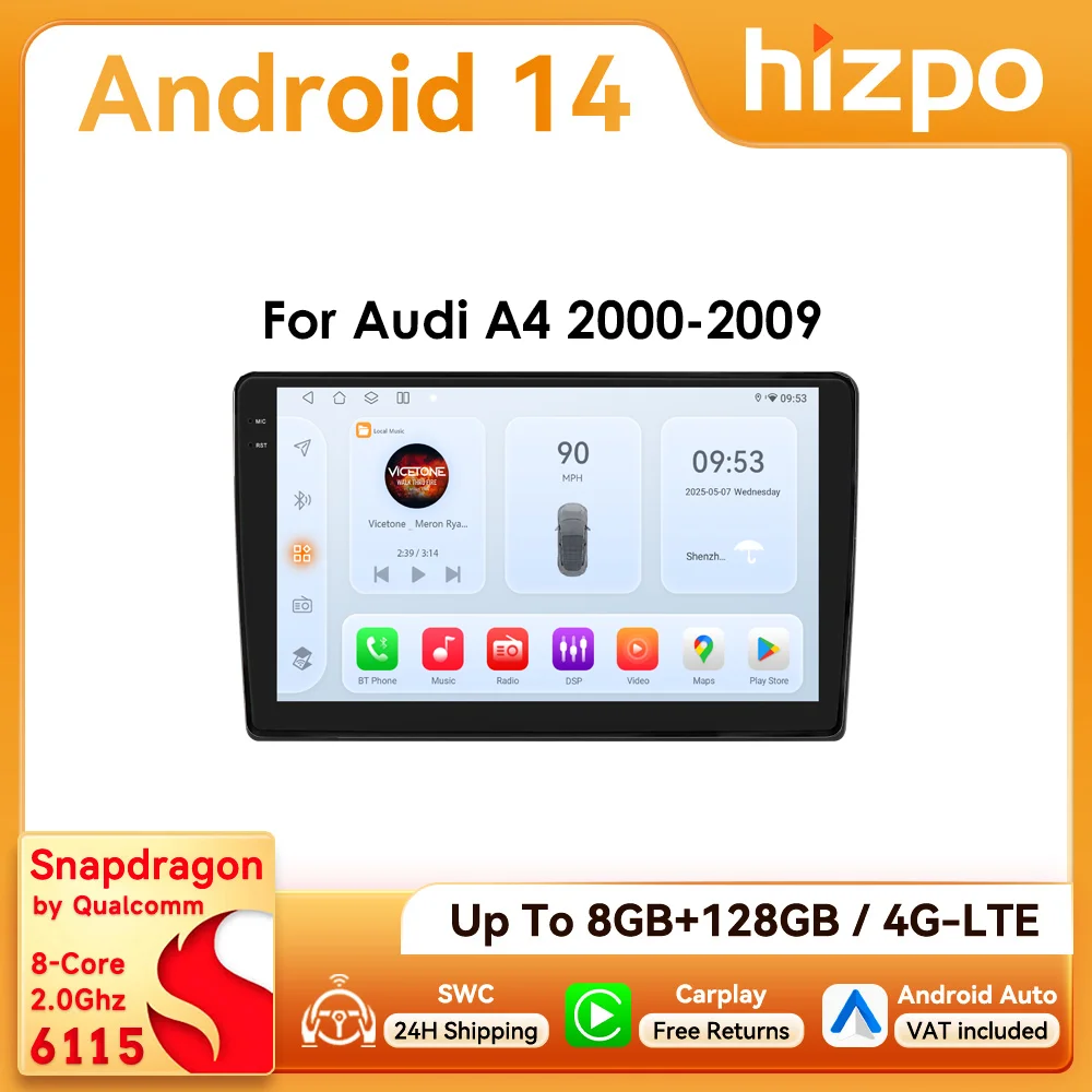 Hizpo 2Din 9-inch Android Car Radio for Audi A4 B8 B7 B6 S4 RS4 2000 - 2009 SEAT Exeo BT 4G DSP RDS CarPlay GPS Navigation 360CAM