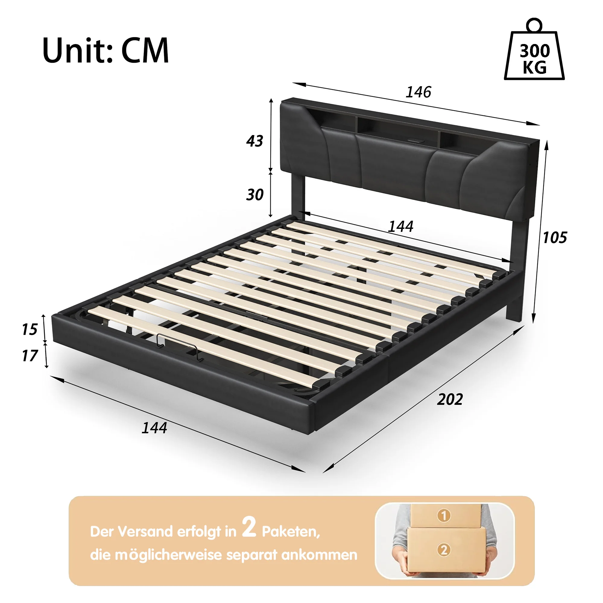 Fangange Upholstered Double Bed 140/160X200cm with LED Lighting USB, Storage Bed with Floating effect, Double Bed with Storage Headboard