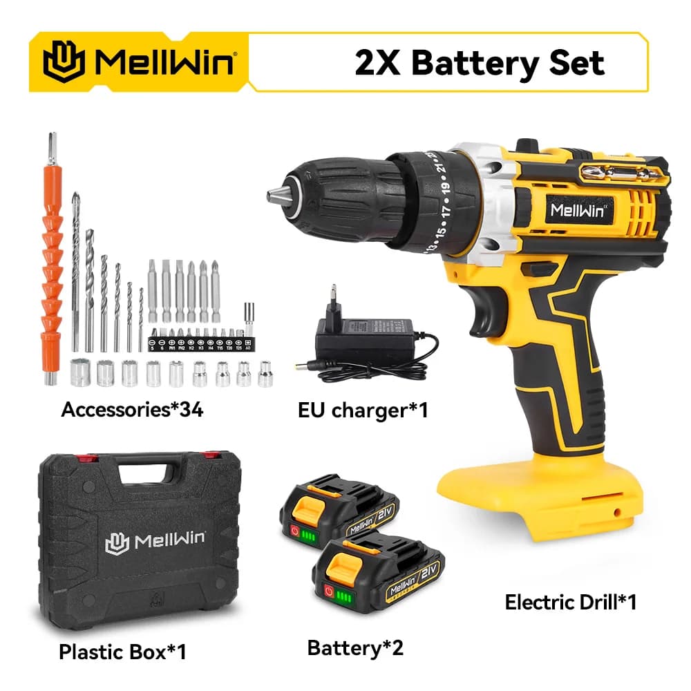 MELLWIN 25+3 Torque Electric Impact Drill Set Multipurpose Cordless Electric Screwdriver Power Tool For Makita 18V Battery Pin