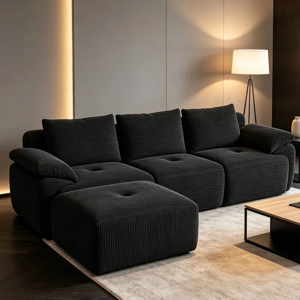 Superaly Minimalist Sectional Sofa,Corduroy Fabric-Boneless Modular Sofa with Sleep Function, L Shape Lounge Corner Sofa with  Footstool,No Assembly Required